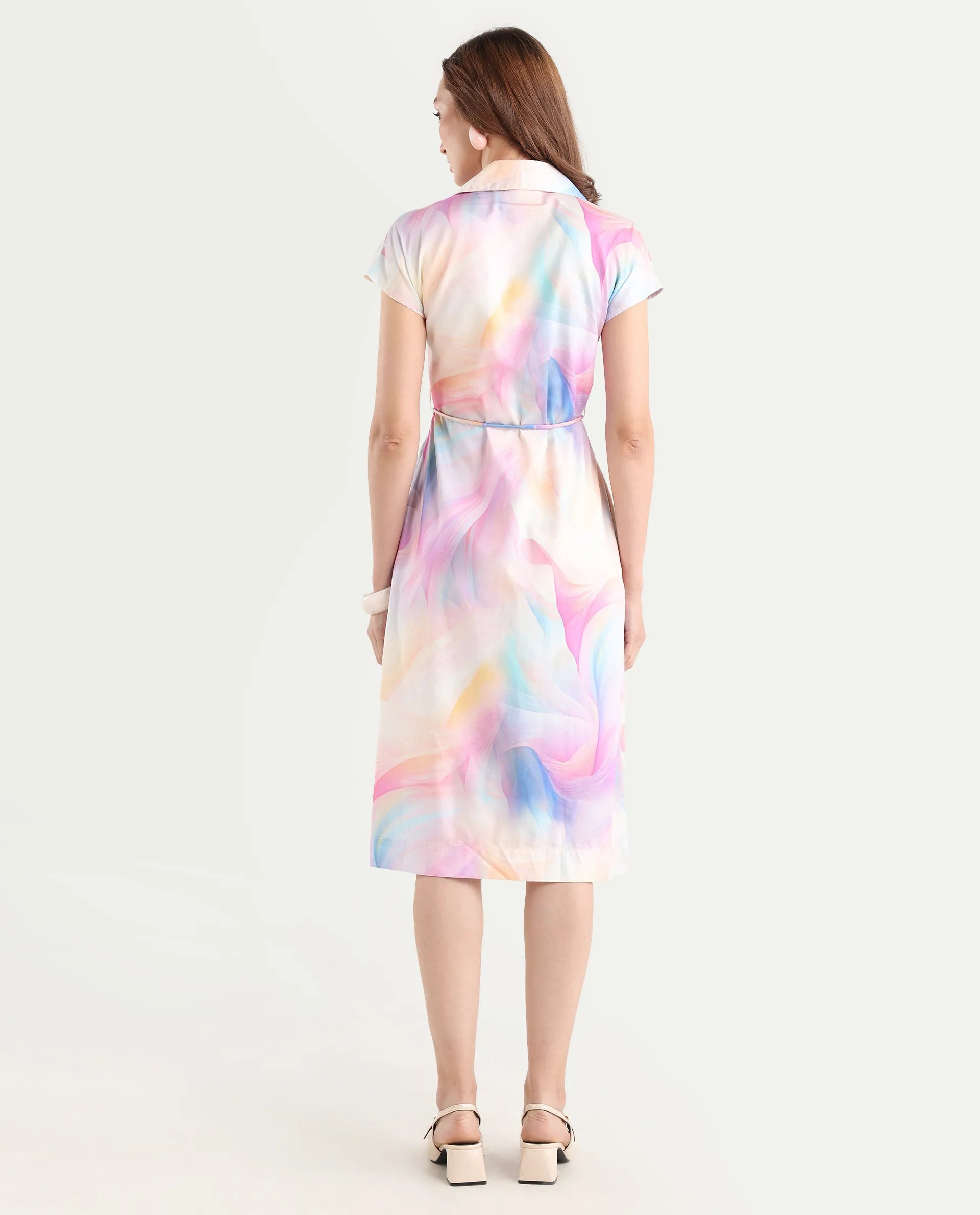 Rareism Women's Erlong Multi Cotton Blend Drop Collar Abstract Print Midi A-Line Dress