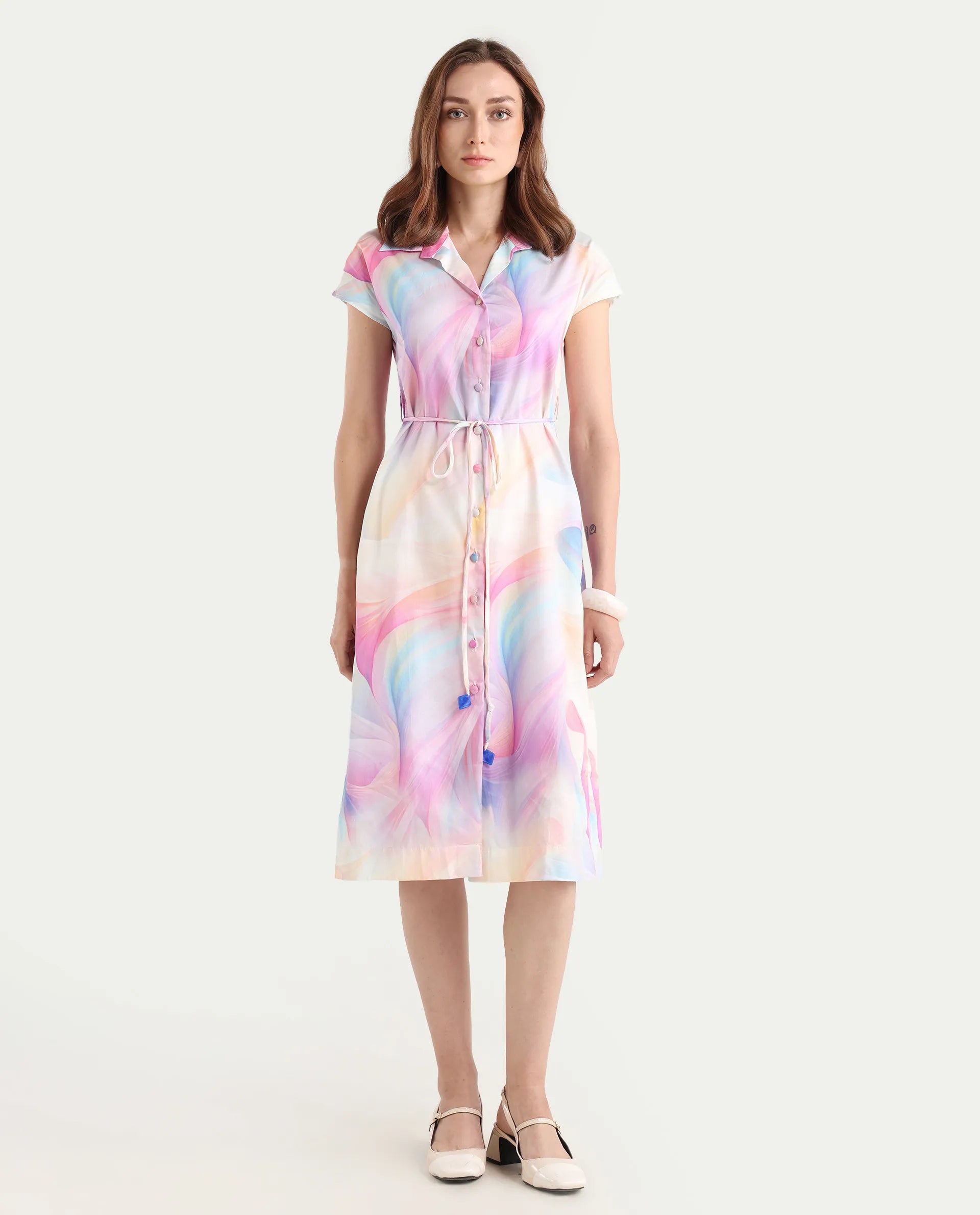 Rareism Women's Erlong Multi Cotton Blend Drop Collar Abstract Print Midi A-Line Dress