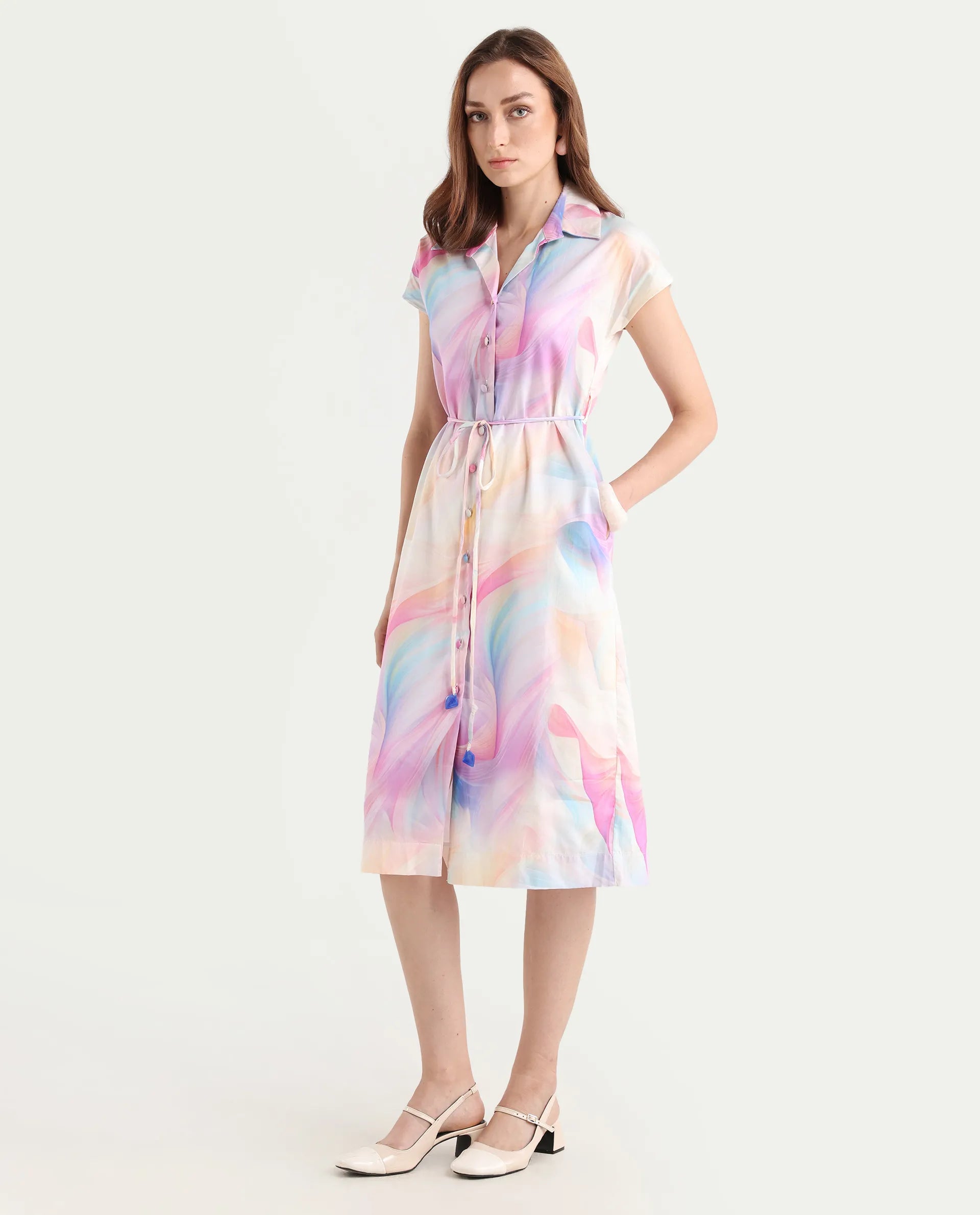 Rareism Women's Erlong Multi Cotton Blend Drop Collar Abstract Print Midi A-Line Dress