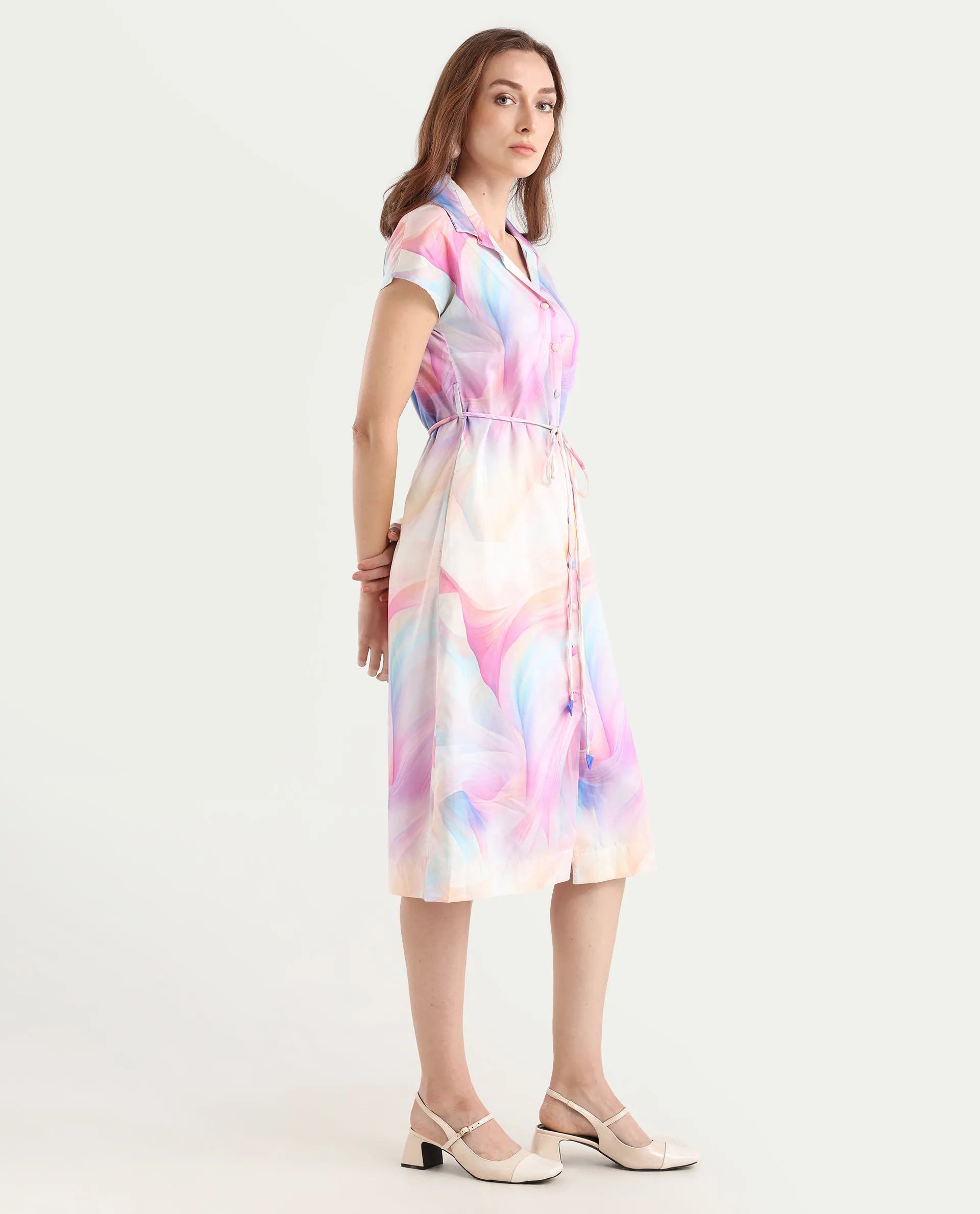 Rareism Women's Erlong Multi Cotton Blend Drop Collar Abstract Print Midi A-Line Dress
