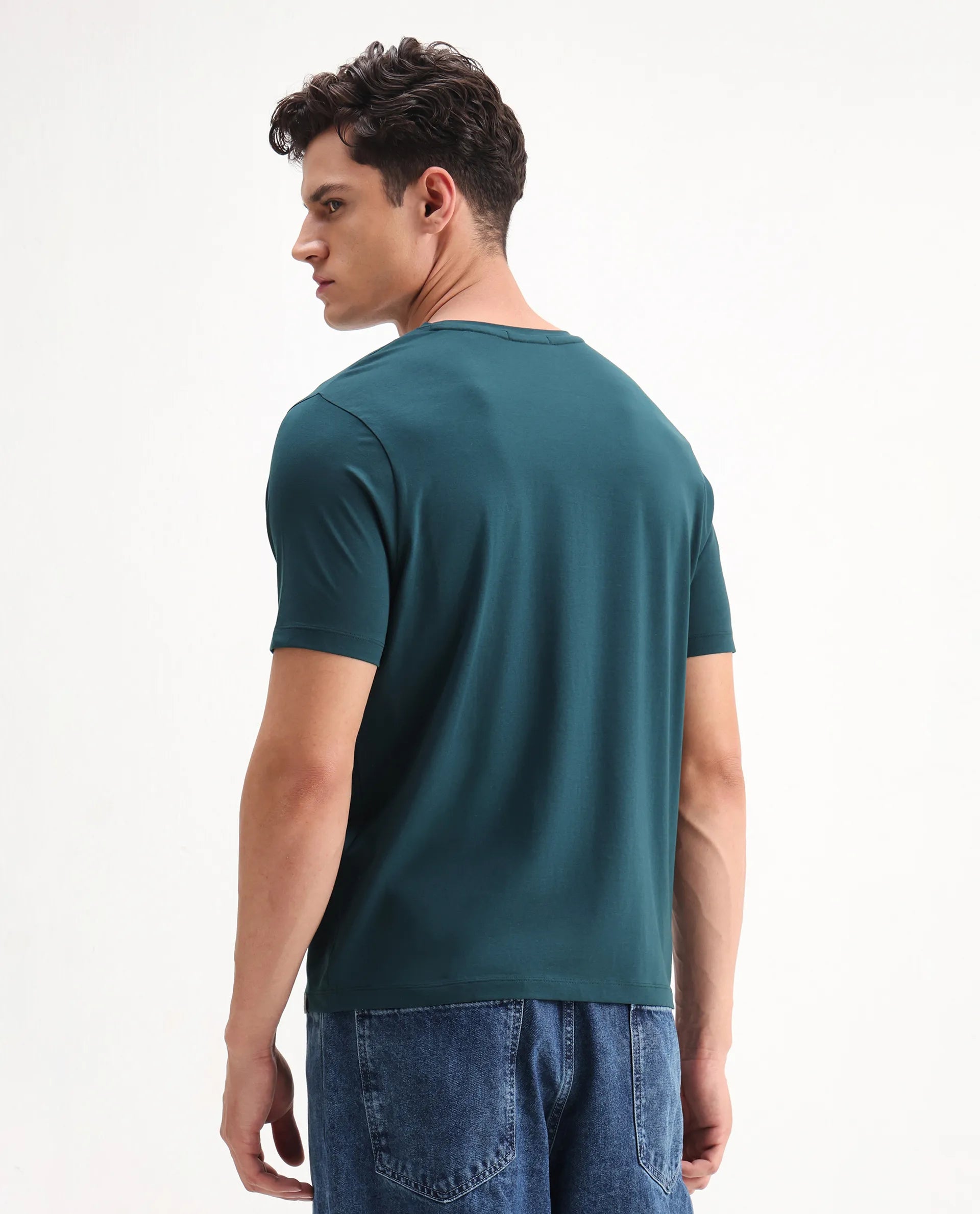 Rare Rabbit Men's Eros Dark Teal Cotton Blend Graphic Print Regular Fit Half Sleeve Crew Neck T-Shirt