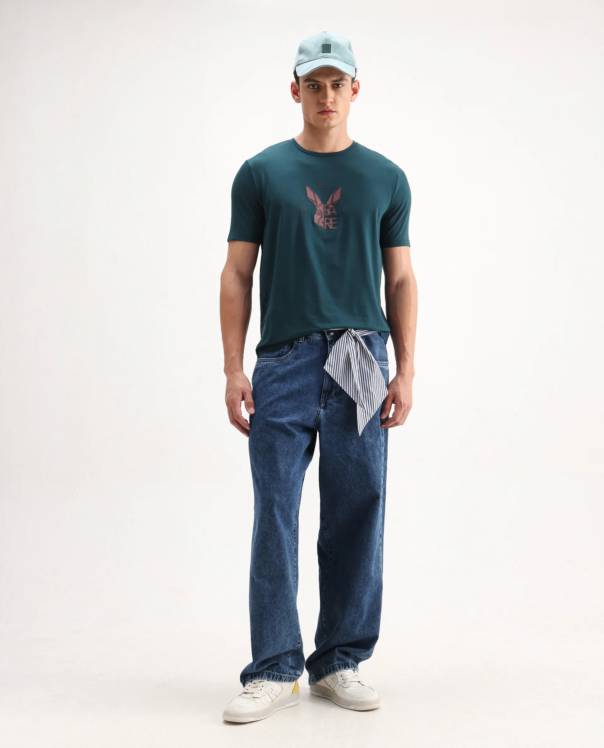 Rare Rabbit Men's Eros Dark Teal Cotton Blend Graphic Print Regular Fit Half Sleeve Crew Neck T-Shirt