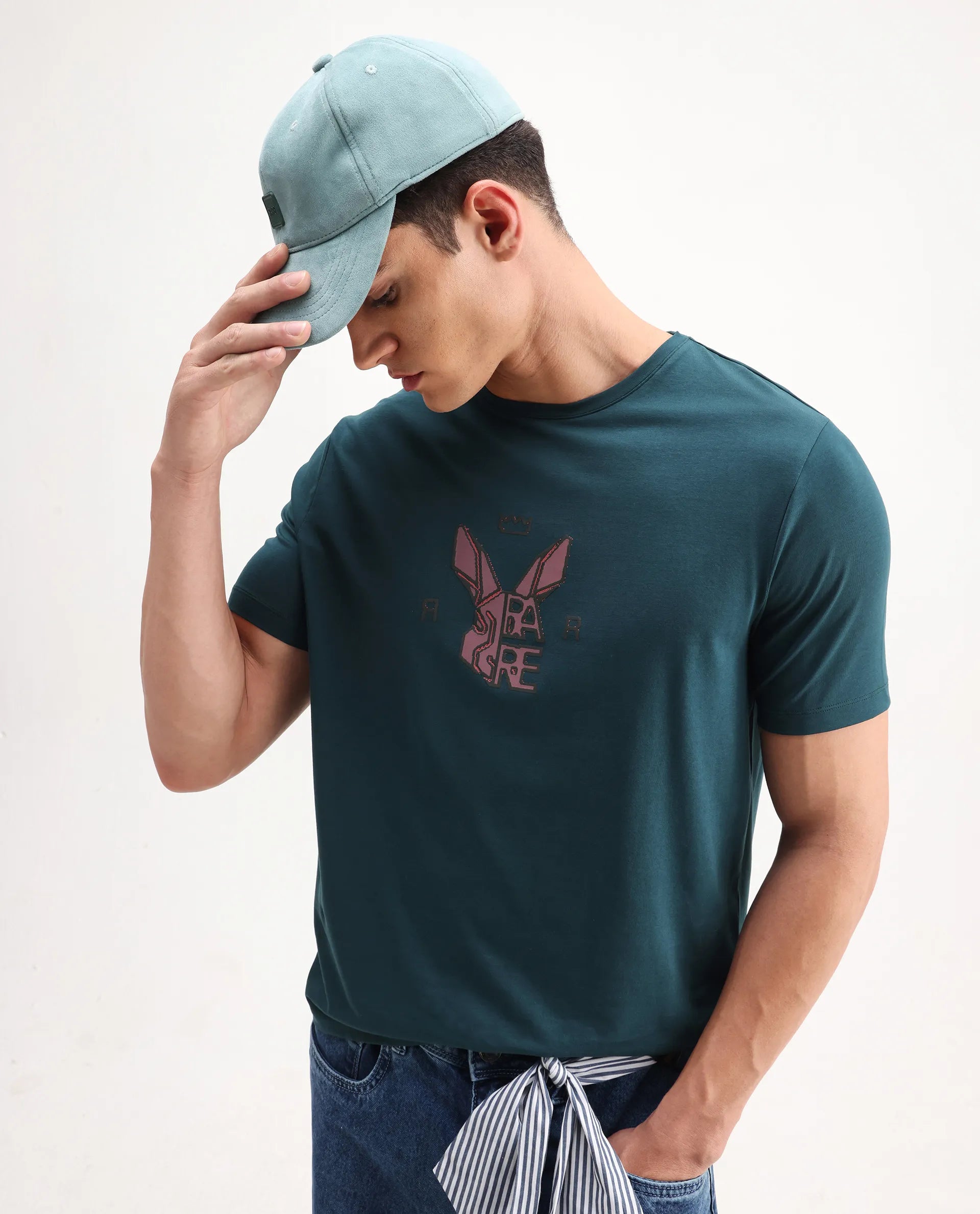 Rare Rabbit Men's Eros Dark Teal Cotton Blend Graphic Print Regular Fit Half Sleeve Crew Neck T-Shirt