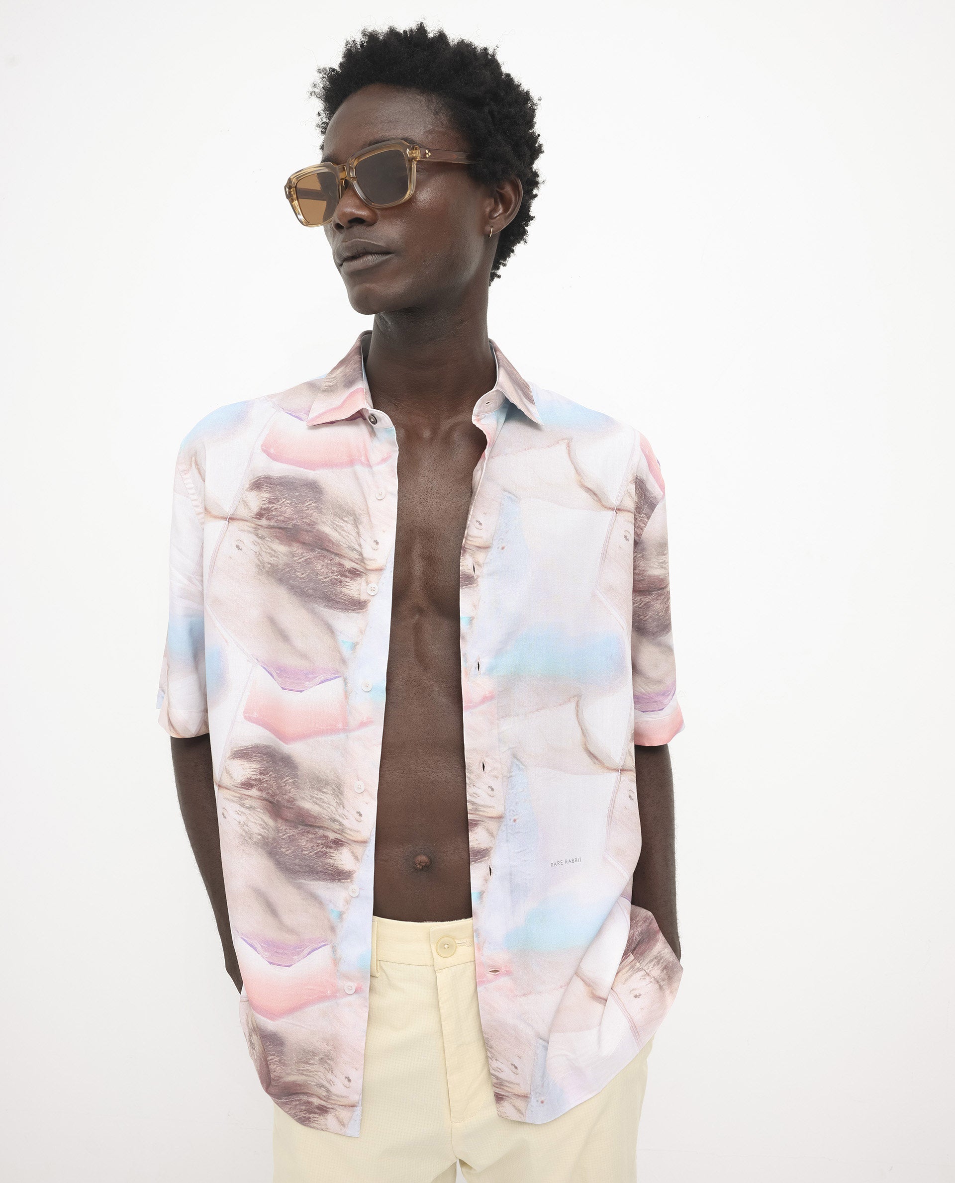 Rare Rabbit Men's Errai Beige Viscose Fabric Short Sleeve Regular Collar Boxy Fit Abstract Print Shirt