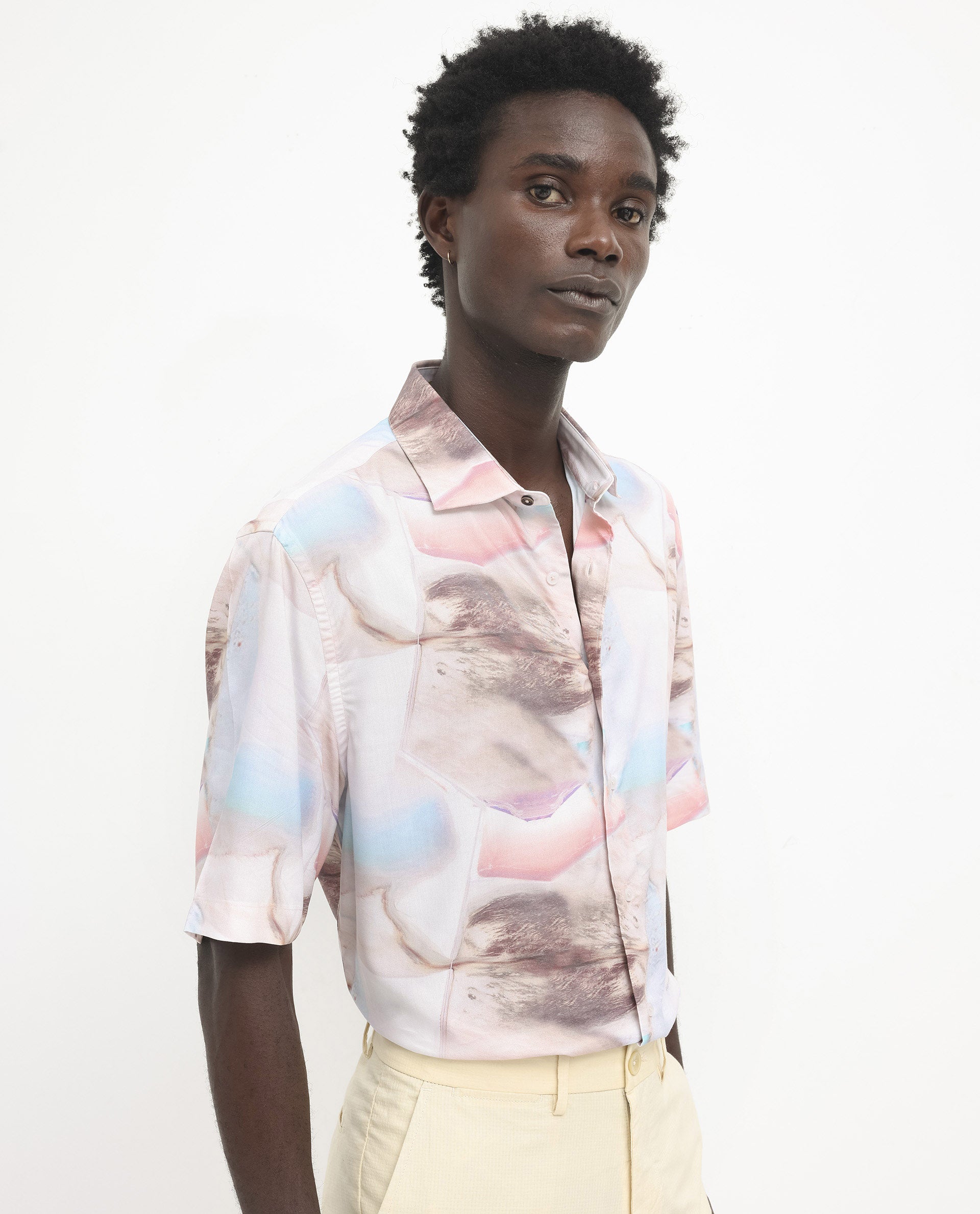 Rare Rabbit Men's Errai Beige Viscose Fabric Short Sleeve Regular Collar Boxy Fit Abstract Print Shirt