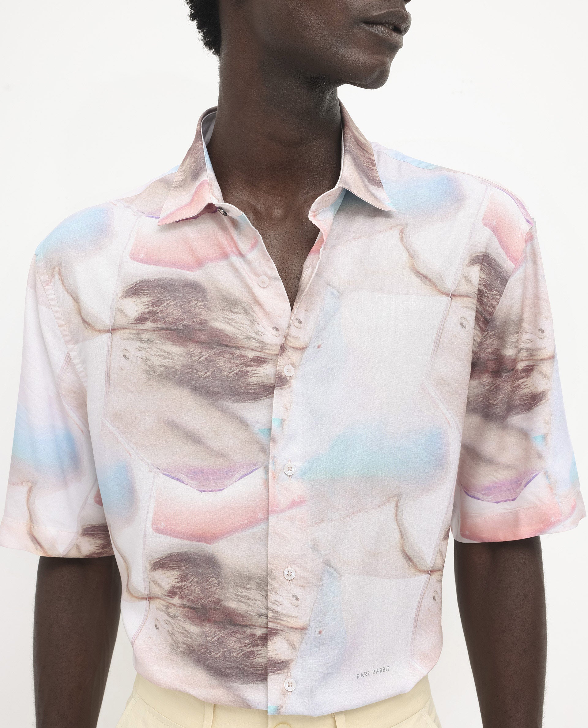 Rare Rabbit Men's Errai Beige Viscose Fabric Short Sleeve Regular Collar Boxy Fit Abstract Print Shirt