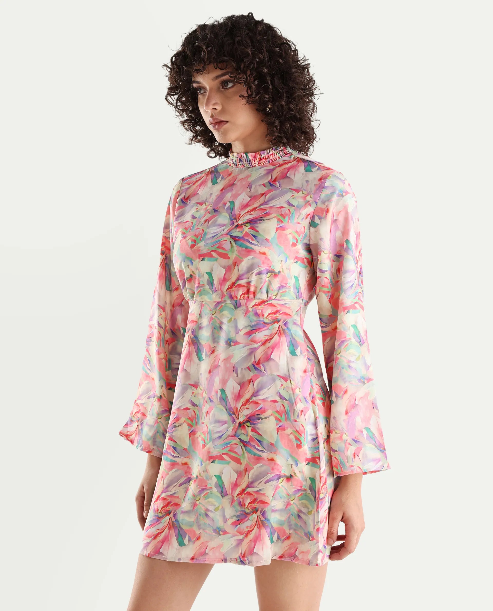 Rareism Women's Erry Light Multi Cotton Sweetheart Neck Abstract Print Bell Sleeve Knee Length Flared Dress