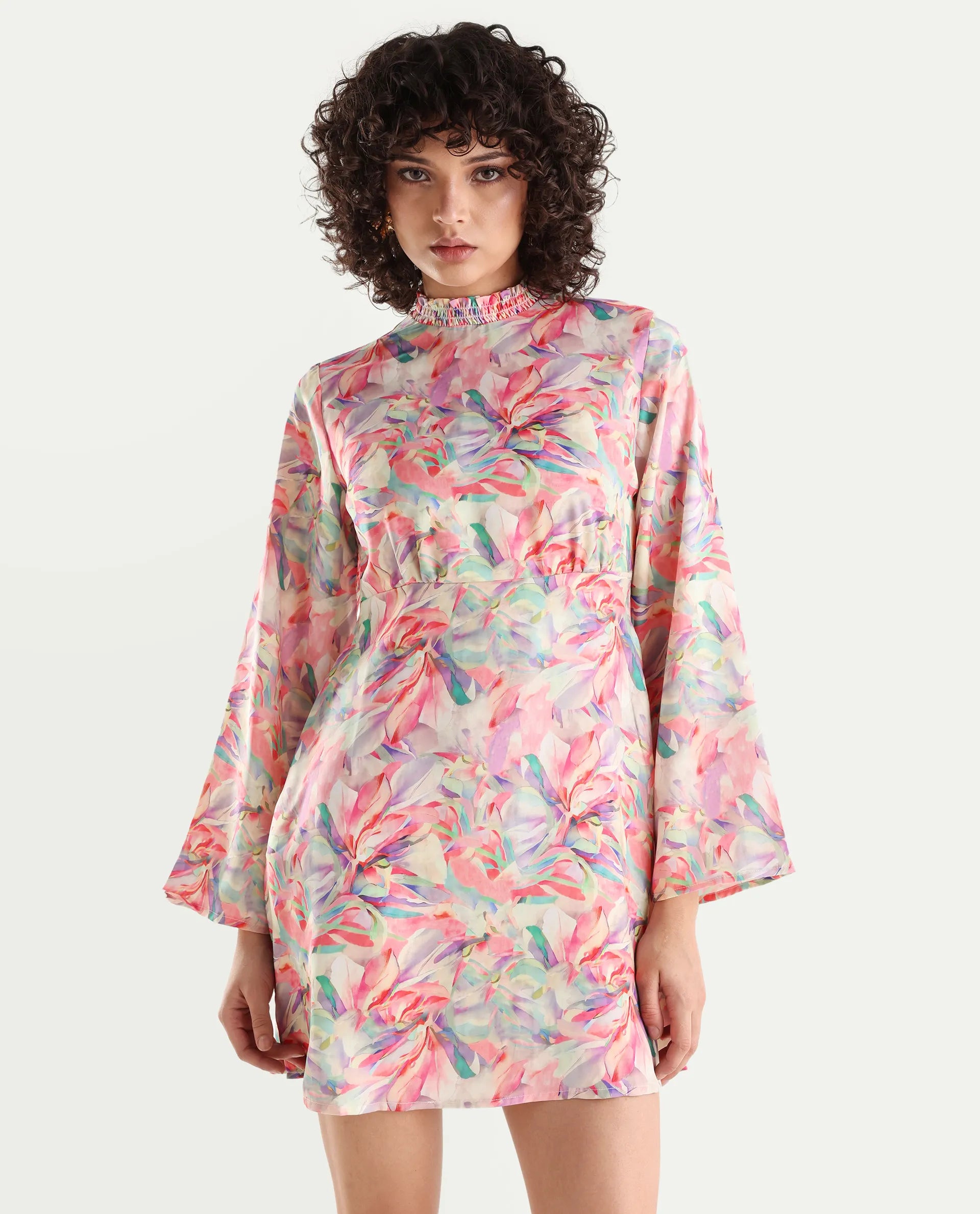 Rareism Women's Erry Light Multi Cotton Sweetheart Neck Abstract Print Bell Sleeve Knee Length Flared Dress