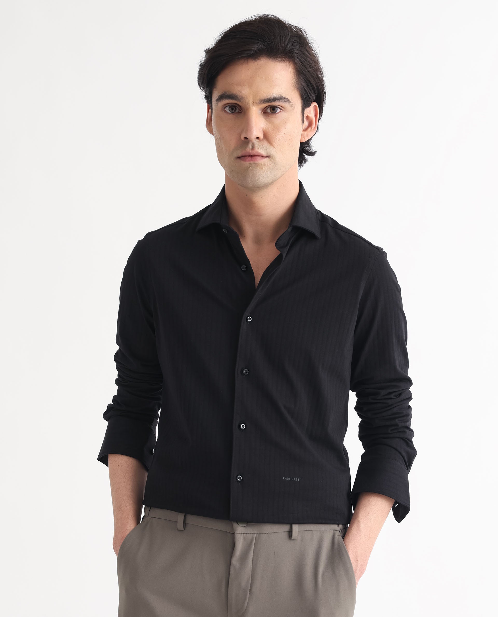 Rare Rabbit Men's Ertical Black Cotton Fabric Full Sleeves Self Jacquard Striped Shirt