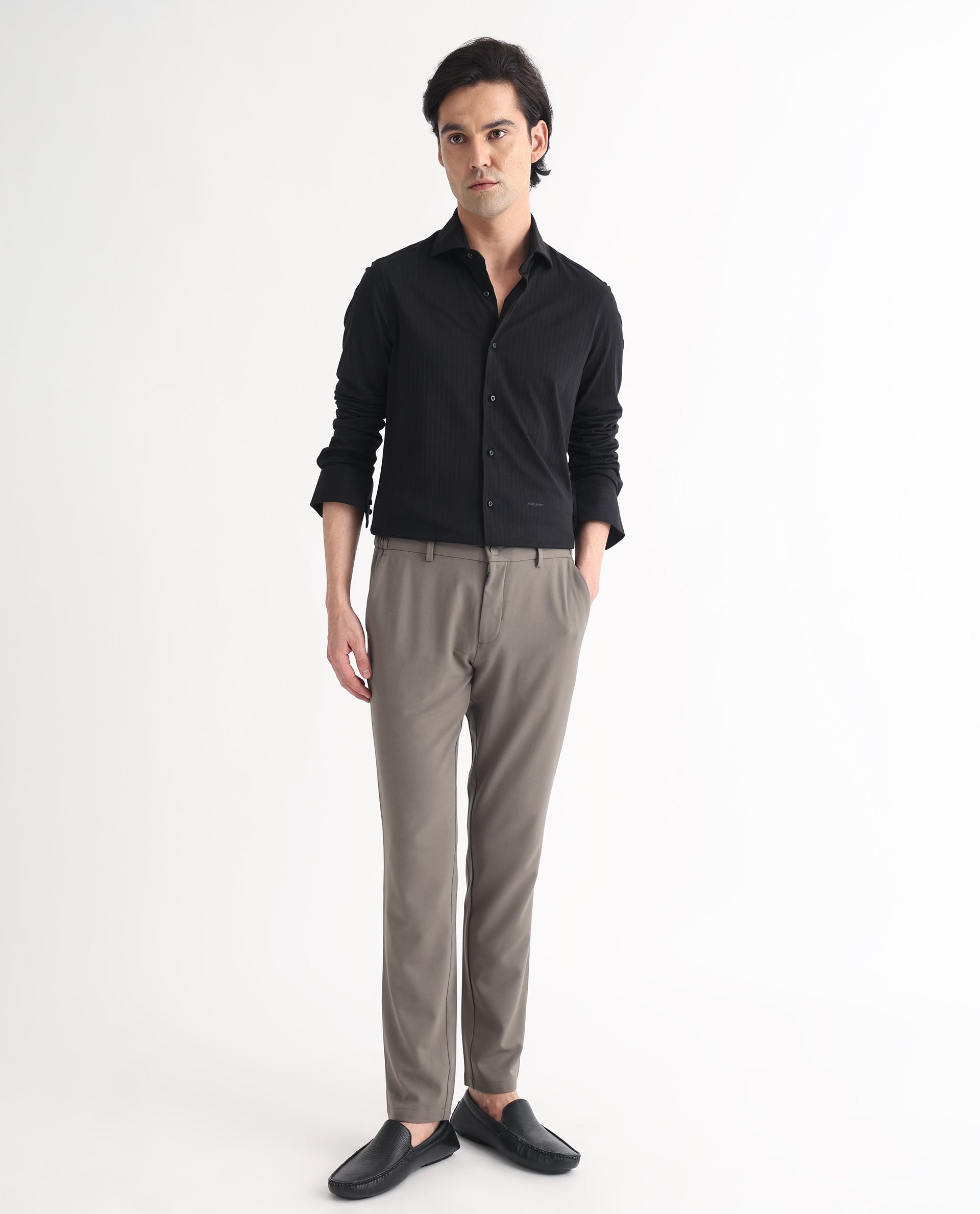 Rare Rabbit Men's Ertical Black Cotton Fabric Full Sleeves Self Jacquard Striped Shirt