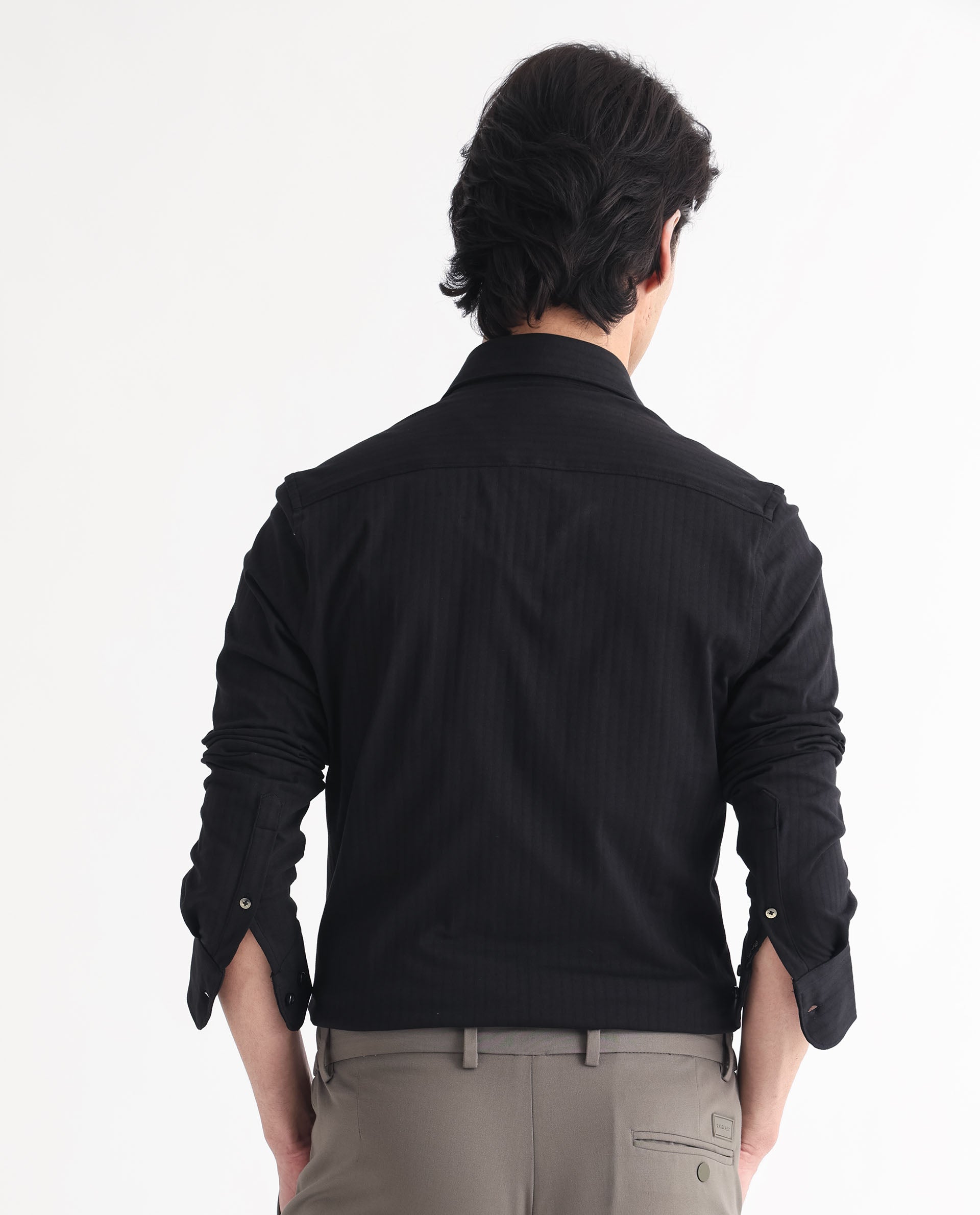 Rare Rabbit Men's Ertical Black Cotton Fabric Full Sleeves Self Jacquard Striped Shirt