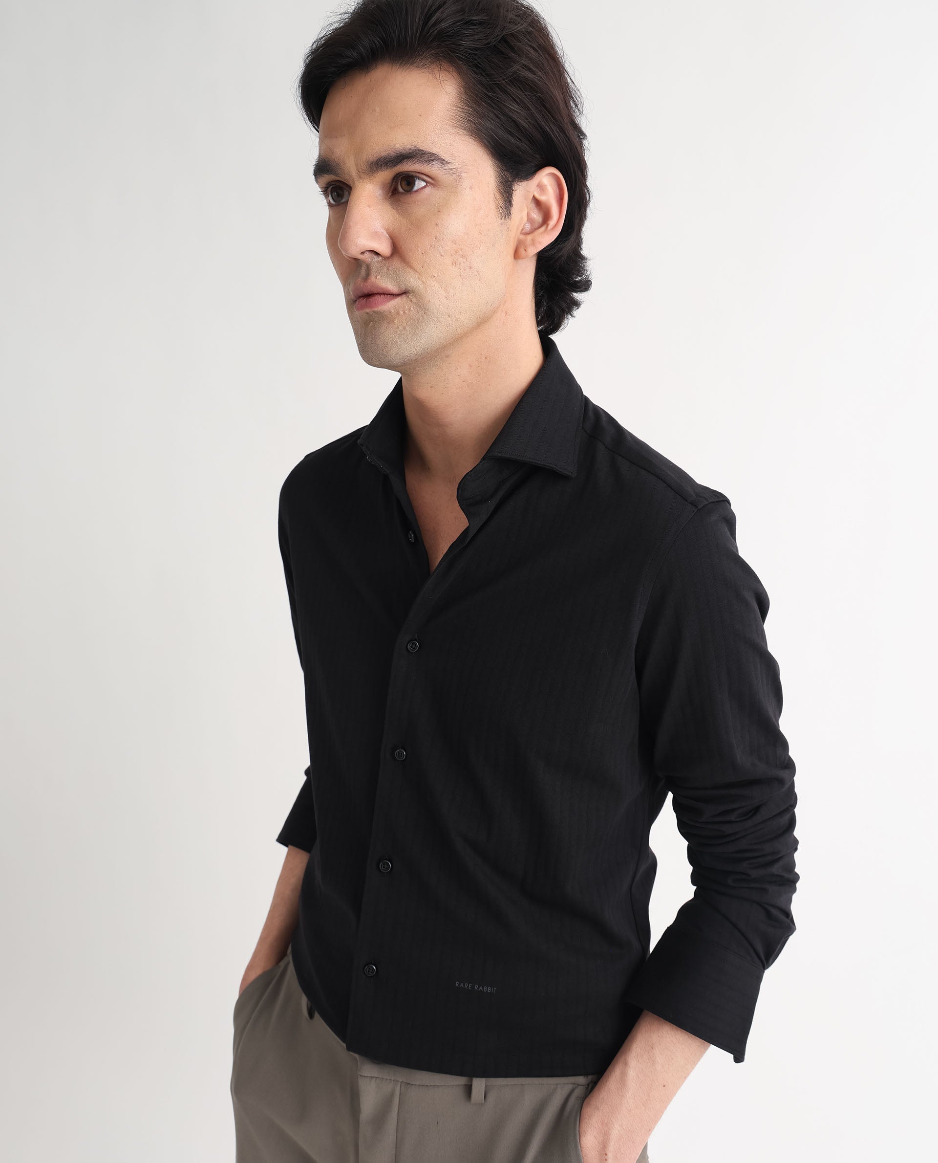 Rare Rabbit Men's Ertical Black Cotton Fabric Full Sleeves Self Jacquard Striped Shirt