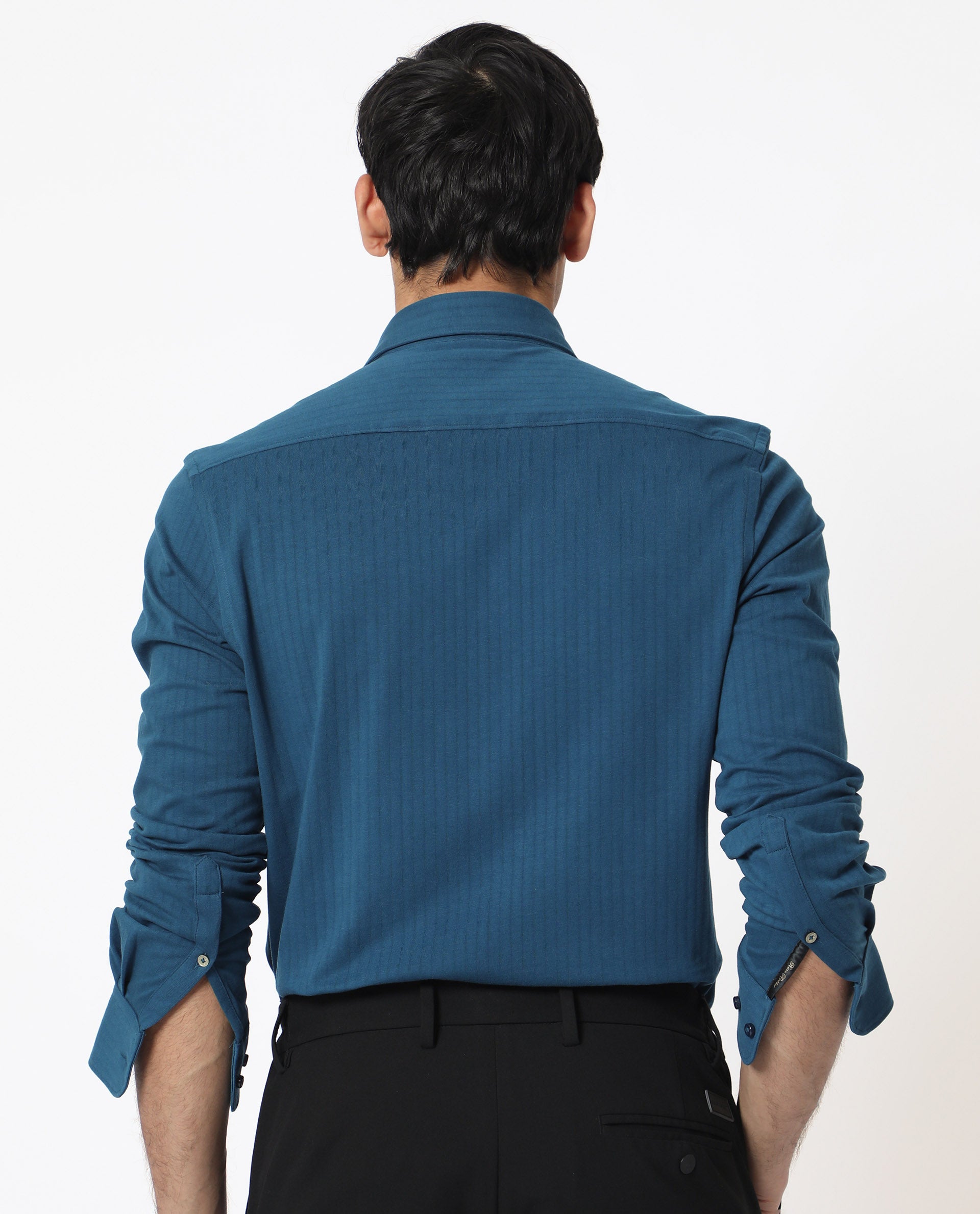 Rare Rabbit Men's Ertical Teal Cotton Fabric Full Sleeves Self Jacquard Stripe Shirt