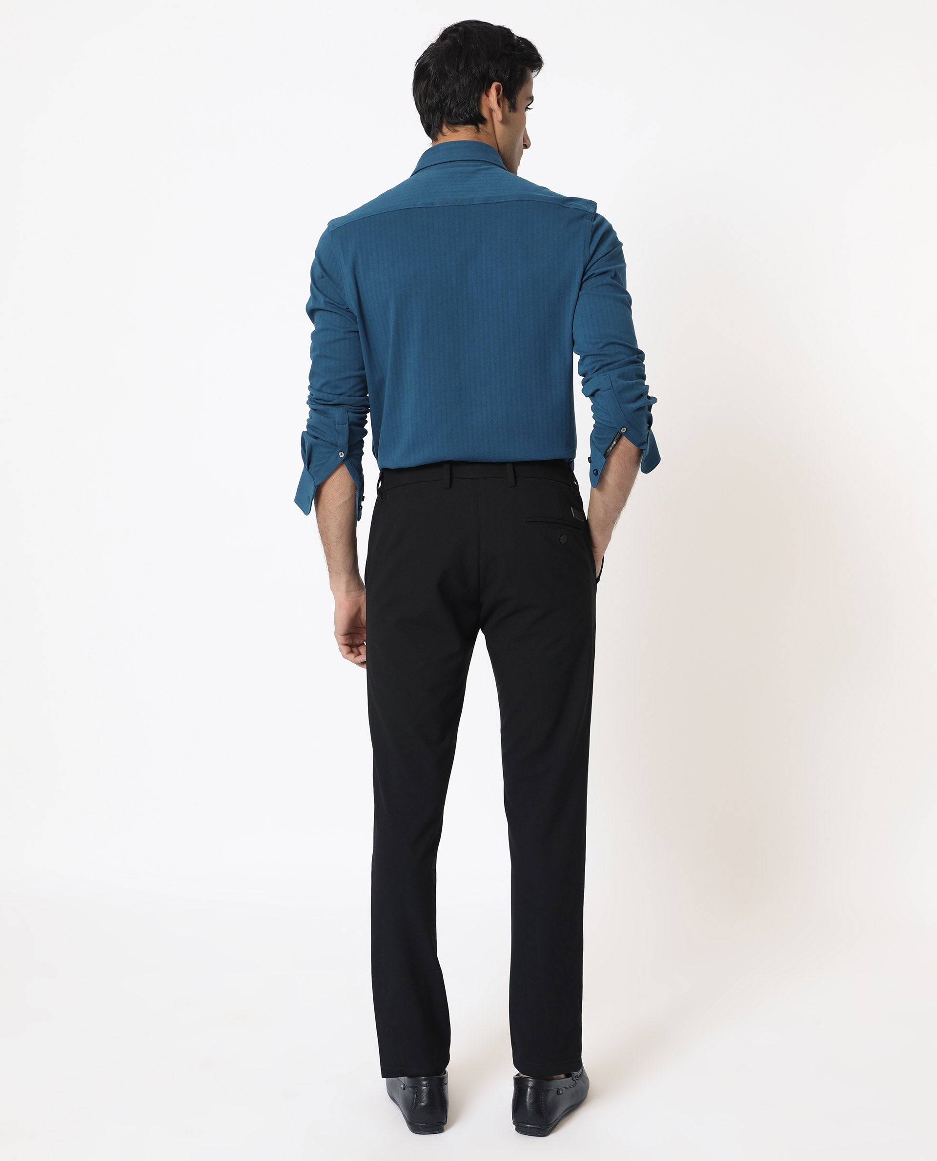 Rare Rabbit Men's Ertical Teal Cotton Fabric Full Sleeves Self Jacquard Stripe Shirt