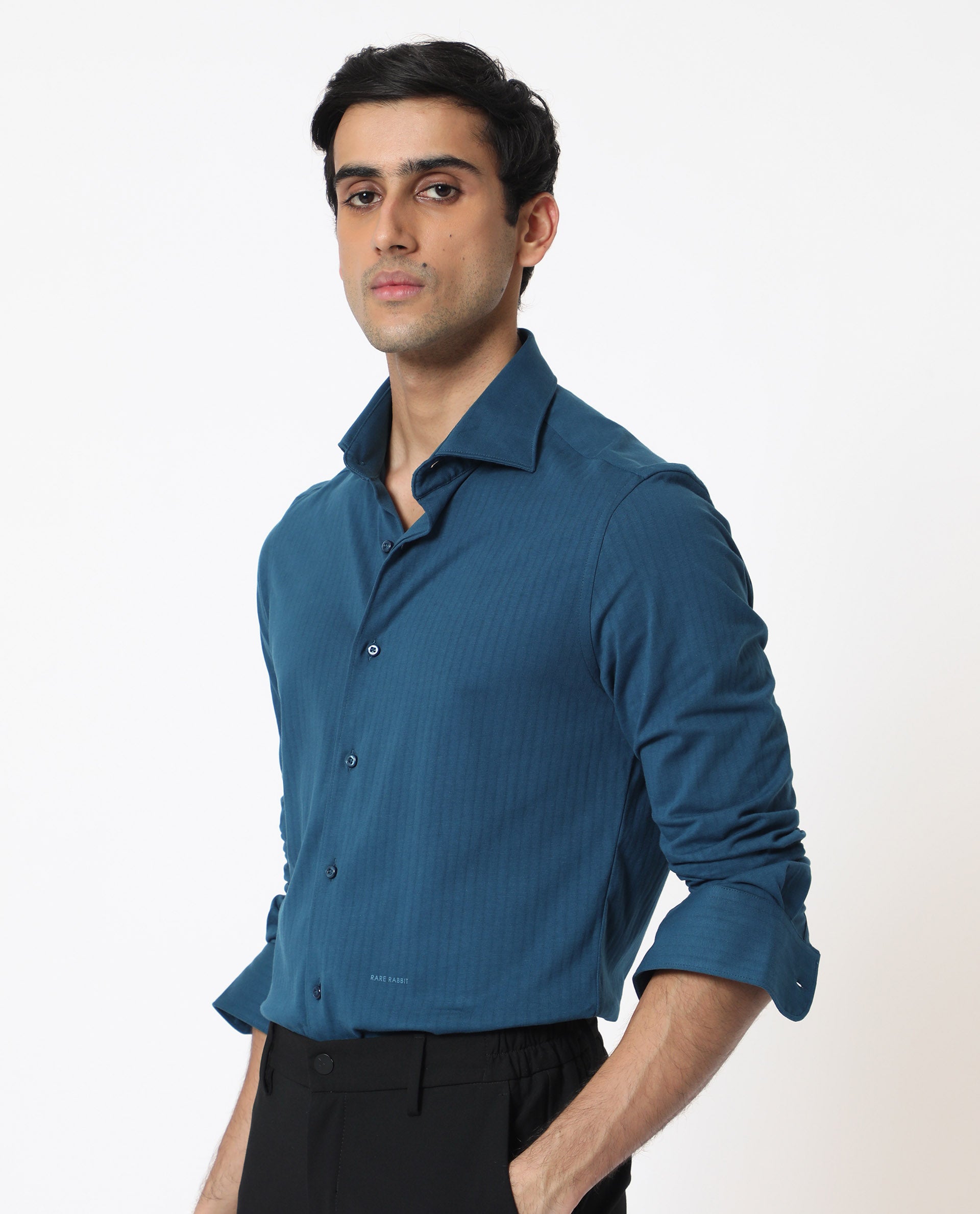 Rare Rabbit Men's Ertical Teal Cotton Fabric Full Sleeves Self Jacquard Stripe Shirt