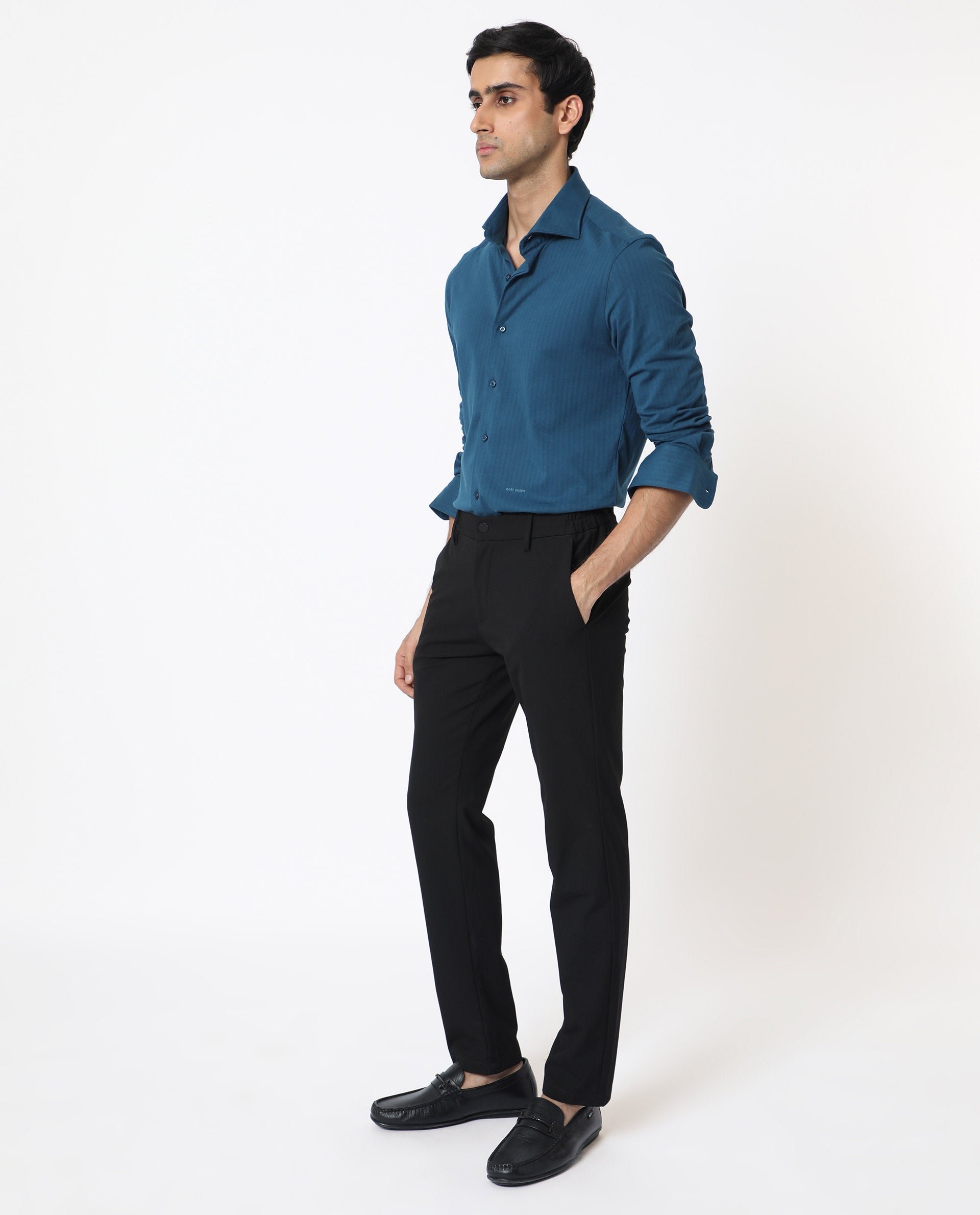 Rare Rabbit Men's Ertical Teal Cotton Fabric Full Sleeves Self Jacquard Stripe Shirt