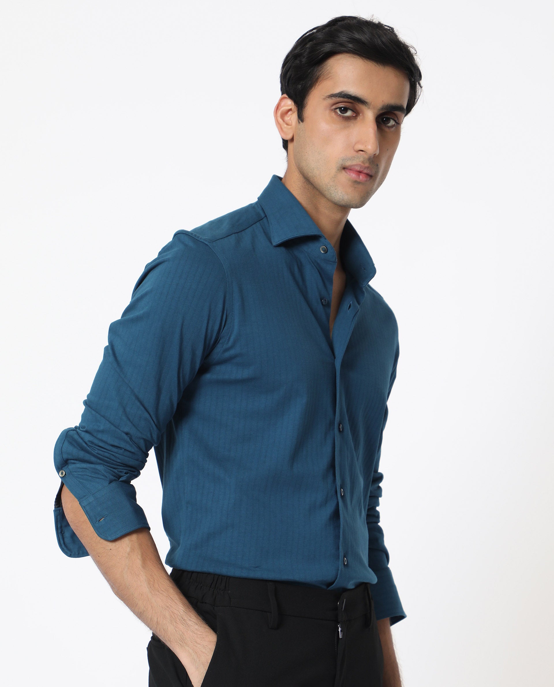 Rare Rabbit Men's Ertical Teal Cotton Fabric Full Sleeves Self Jacquard Stripe Shirt