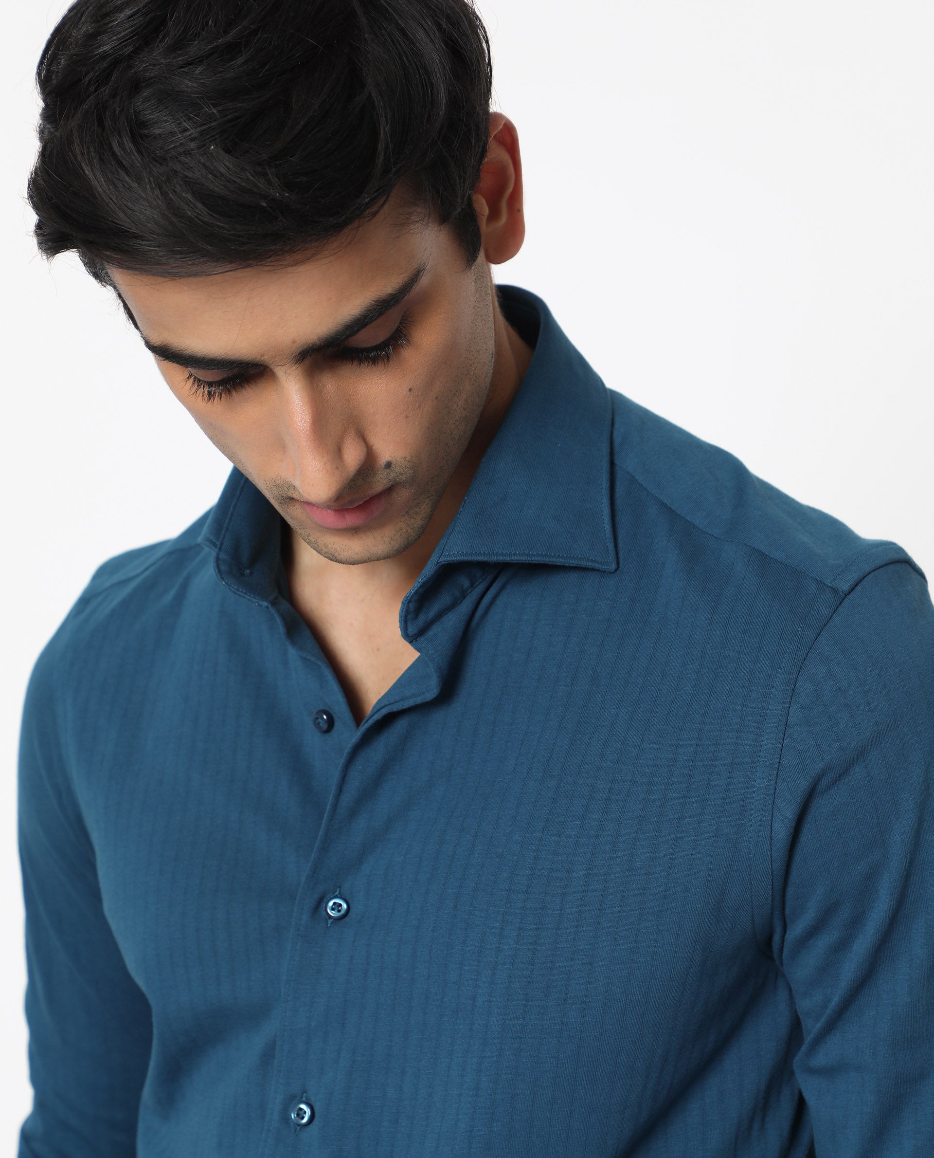 Rare Rabbit Men's Ertical Teal Cotton Fabric Full Sleeves Self Jacquard Stripe Shirt