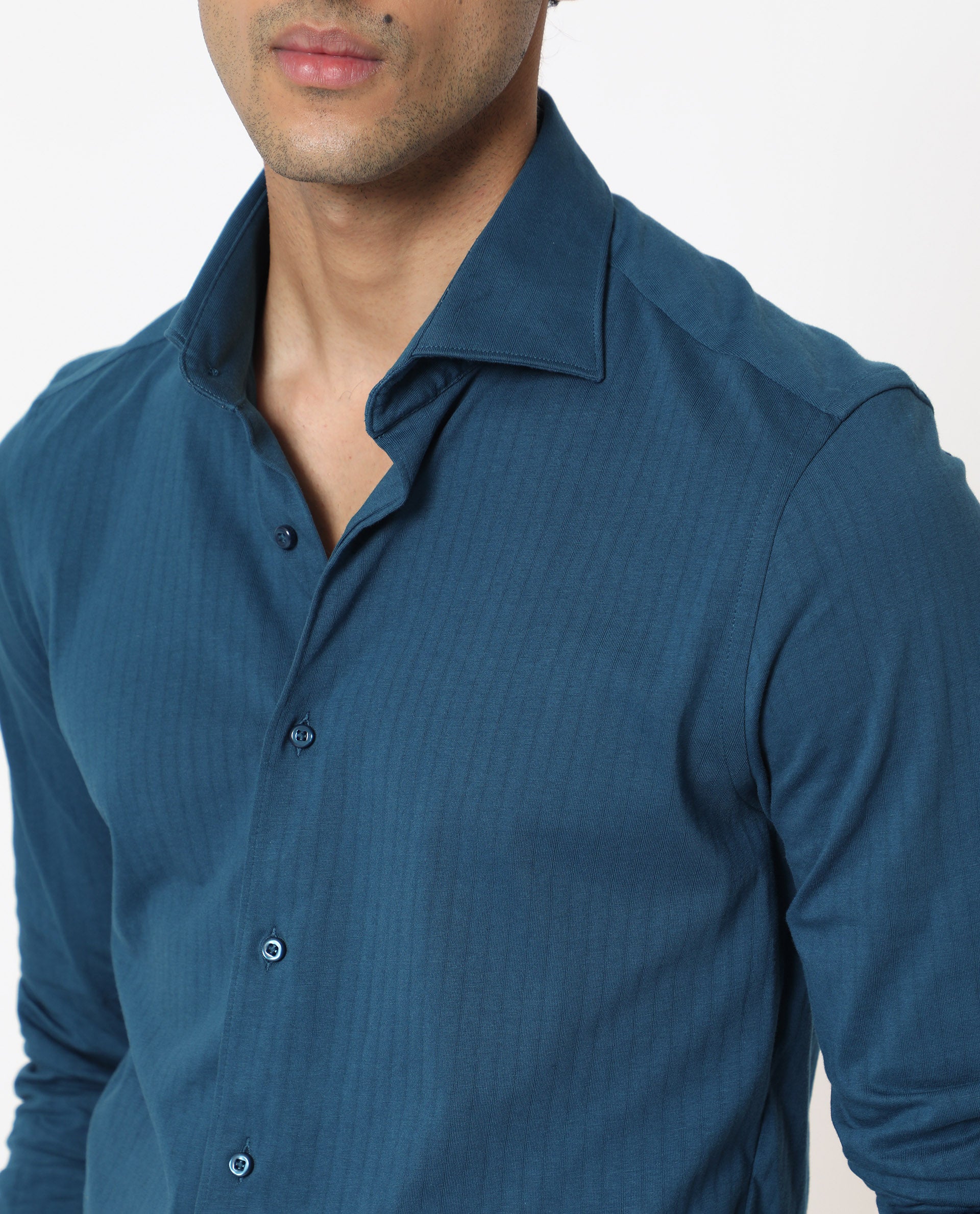 Rare Rabbit Men's Ertical Teal Cotton Fabric Full Sleeves Self Jacquard Stripe Shirt