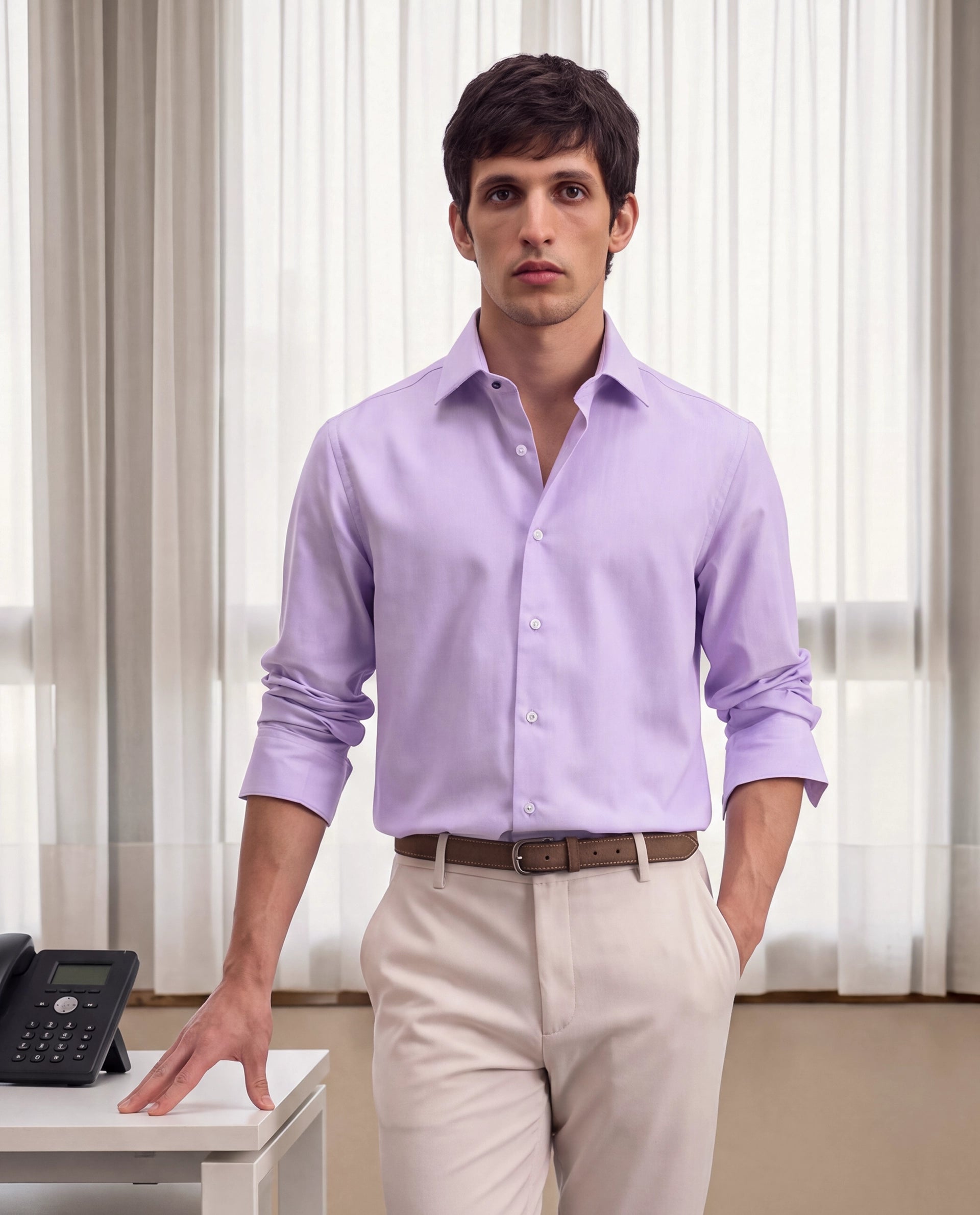 Rare Rabbit Men's Ervan Light Purple Polyester Blend Spread Collar Button Regular Plain Shirt