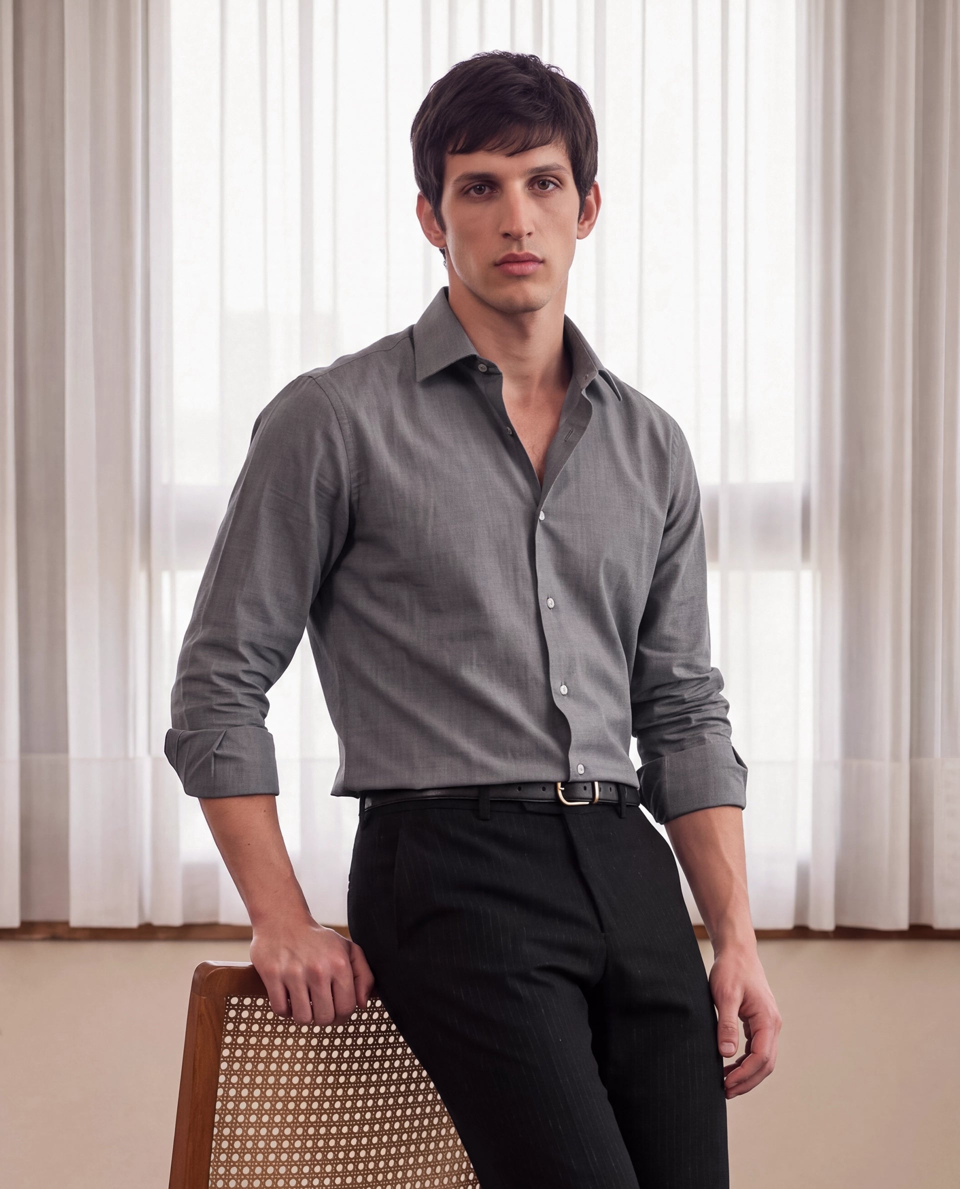 Rare Rabbit Men's Ervon Dark Grey Polyester Blend Spread Collar Button Regular Plain Shirt