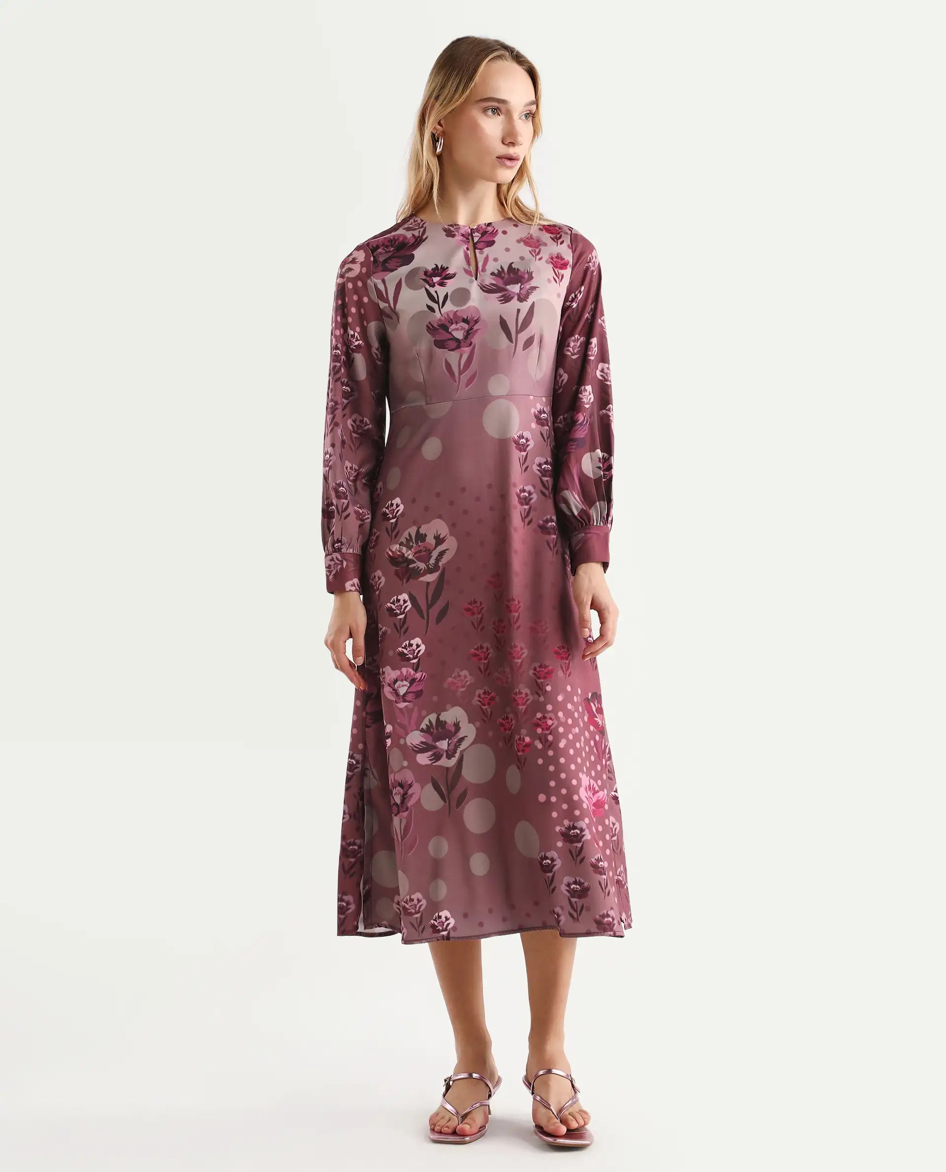 Rareism Women's Erzincan Multi Satin Crew Neck Floral Print Cuffed Sleeve Maxi A-Line Dress