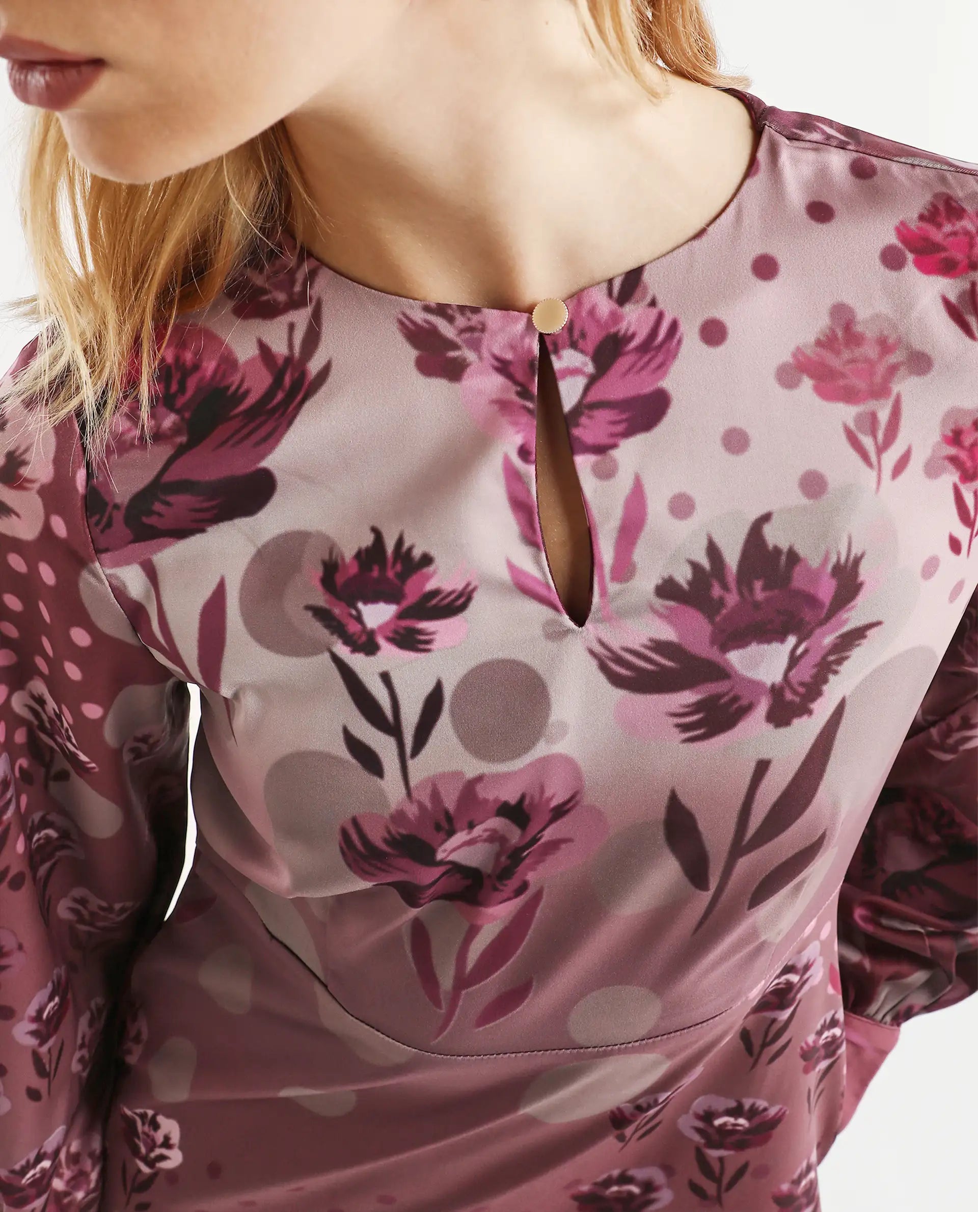 Rareism Women's Erzincan Multi Satin Crew Neck Floral Print Cuffed Sleeve Maxi A-Line Dress