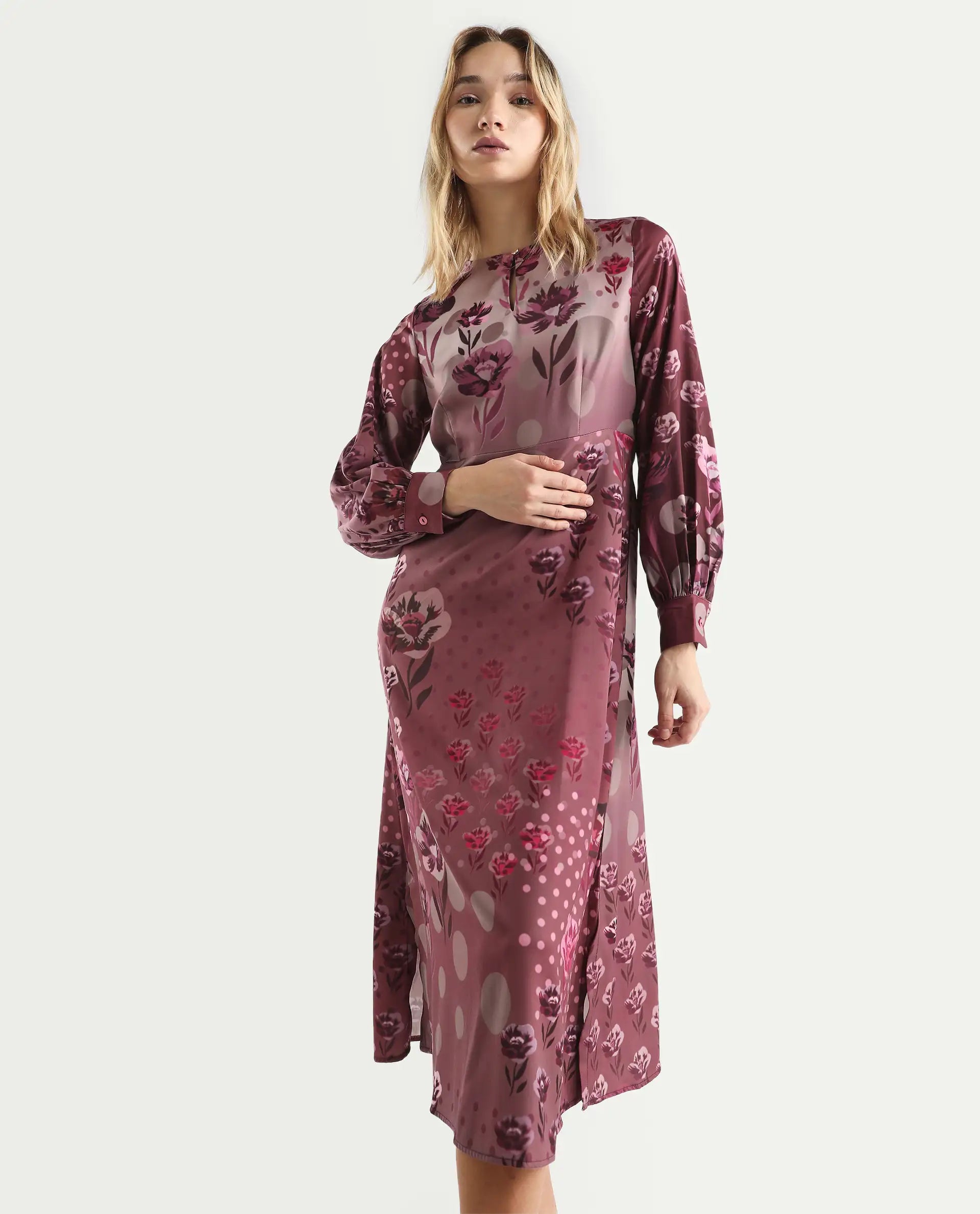 Rareism Women's Erzincan Multi Satin Crew Neck Floral Print Cuffed Sleeve Maxi A-Line Dress