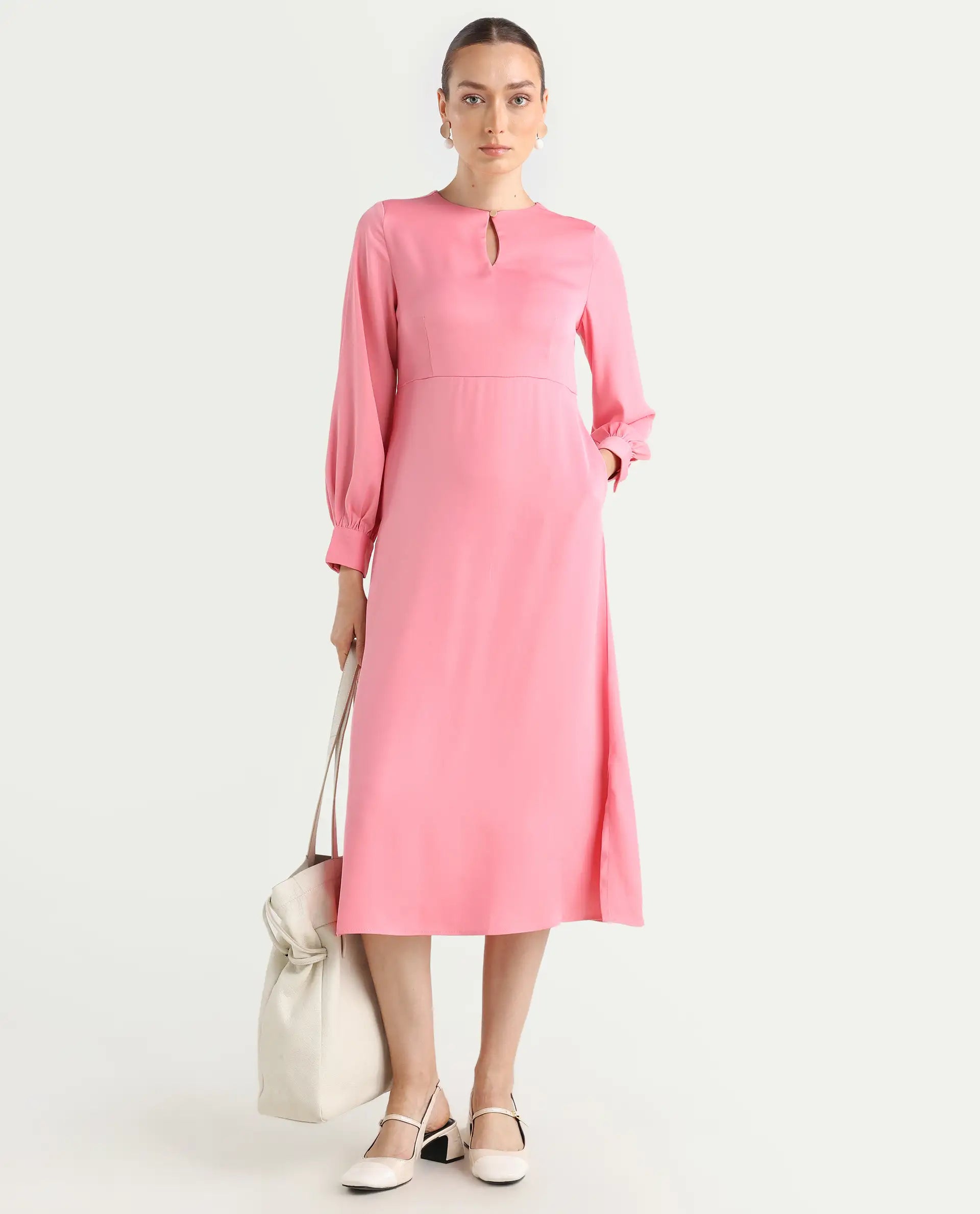 Rareism Women's Erzinc Pink Satin Key Hole Neck Plain Bishop Sleeve Midi Fit And Flare Dress
