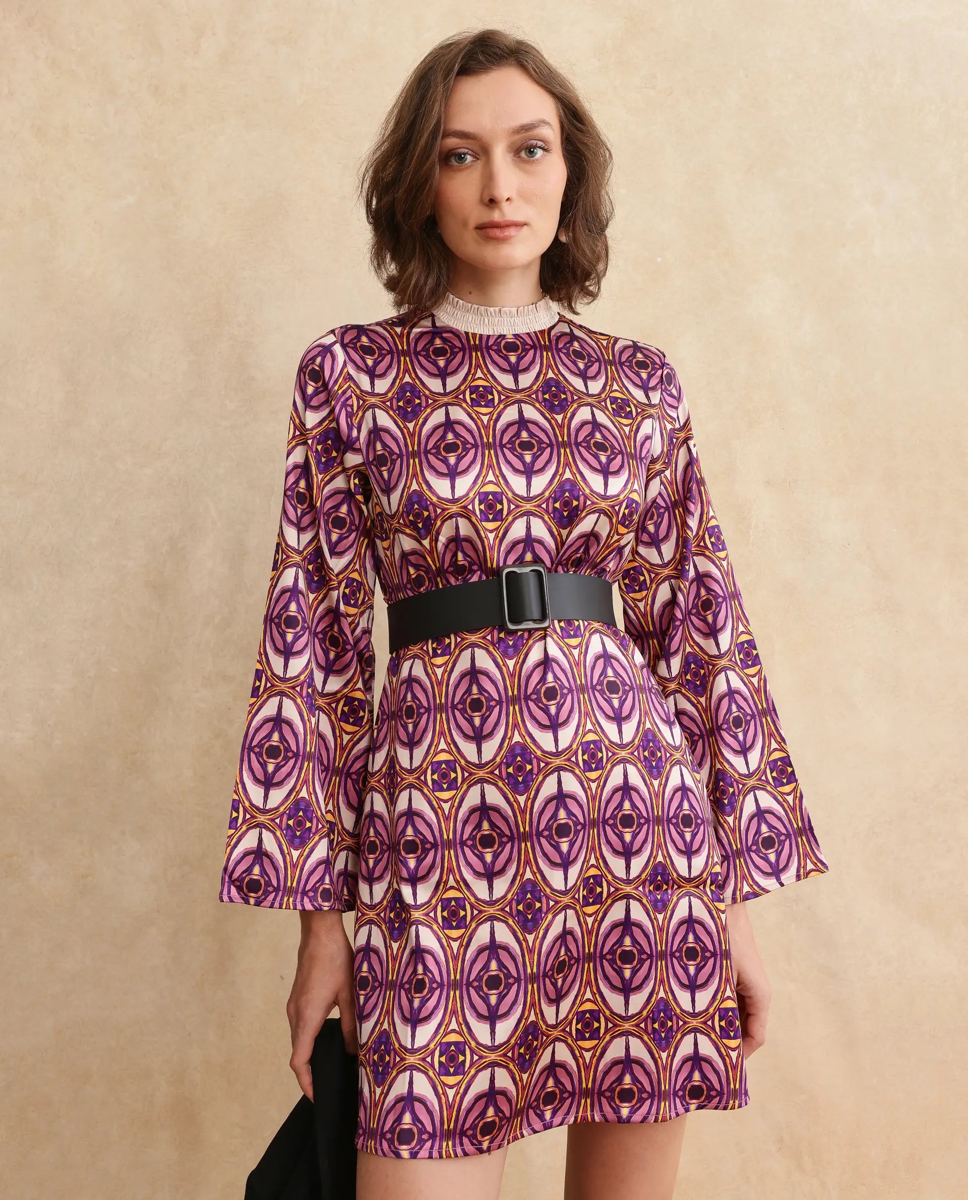 Rareism Women Erzurum Multi Satin Bell Sleeves Ruffled Neck Zip Closure Flared Knee Length Abstract Print Dress