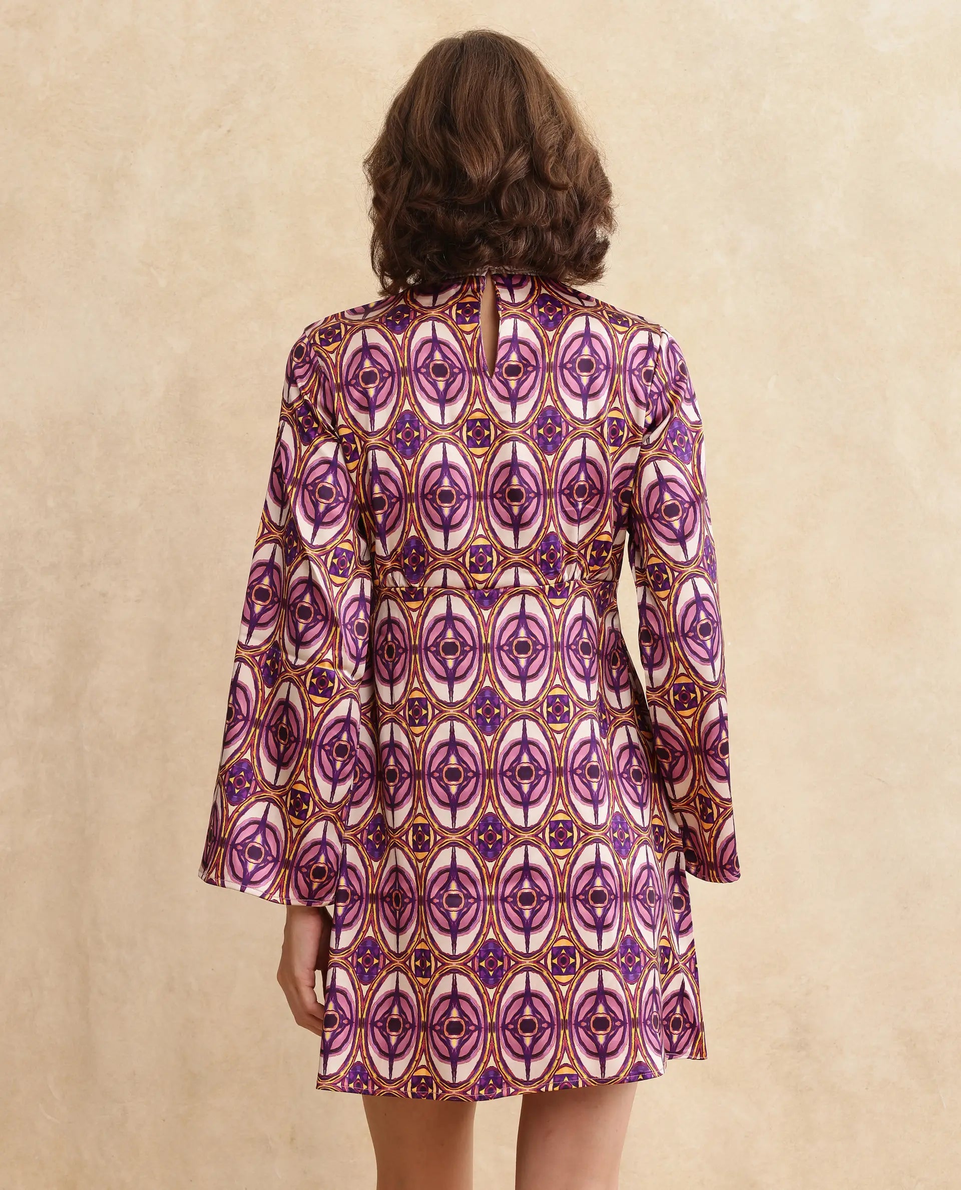 Rareism Women Erzurum Multi Satin Bell Sleeves Ruffled Neck Zip Closure Flared Knee Length Abstract Print Dress