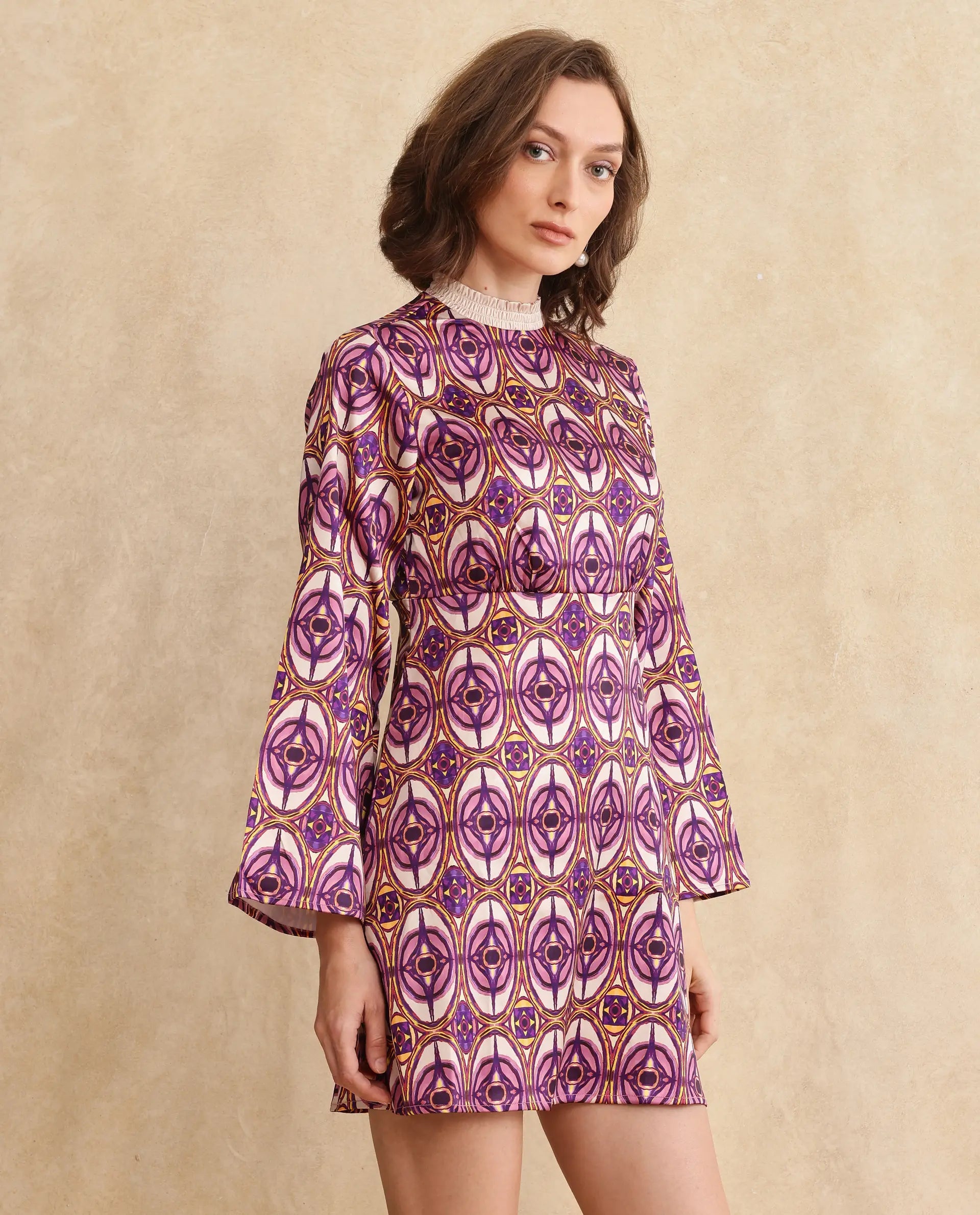 Rareism Women Erzurum Multi Satin Bell Sleeves Ruffled Neck Zip Closure Flared Knee Length Abstract Print Dress