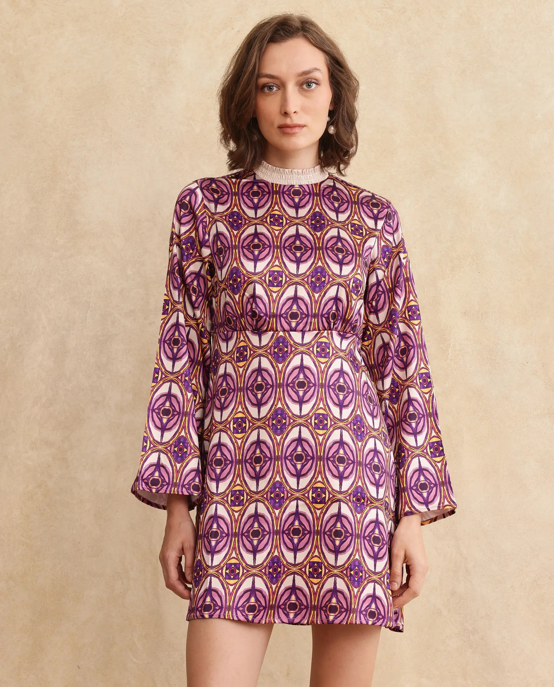 Rareism Women Erzurum Multi Satin Bell Sleeves Ruffled Neck Zip Closure Flared Knee Length Abstract Print Dress