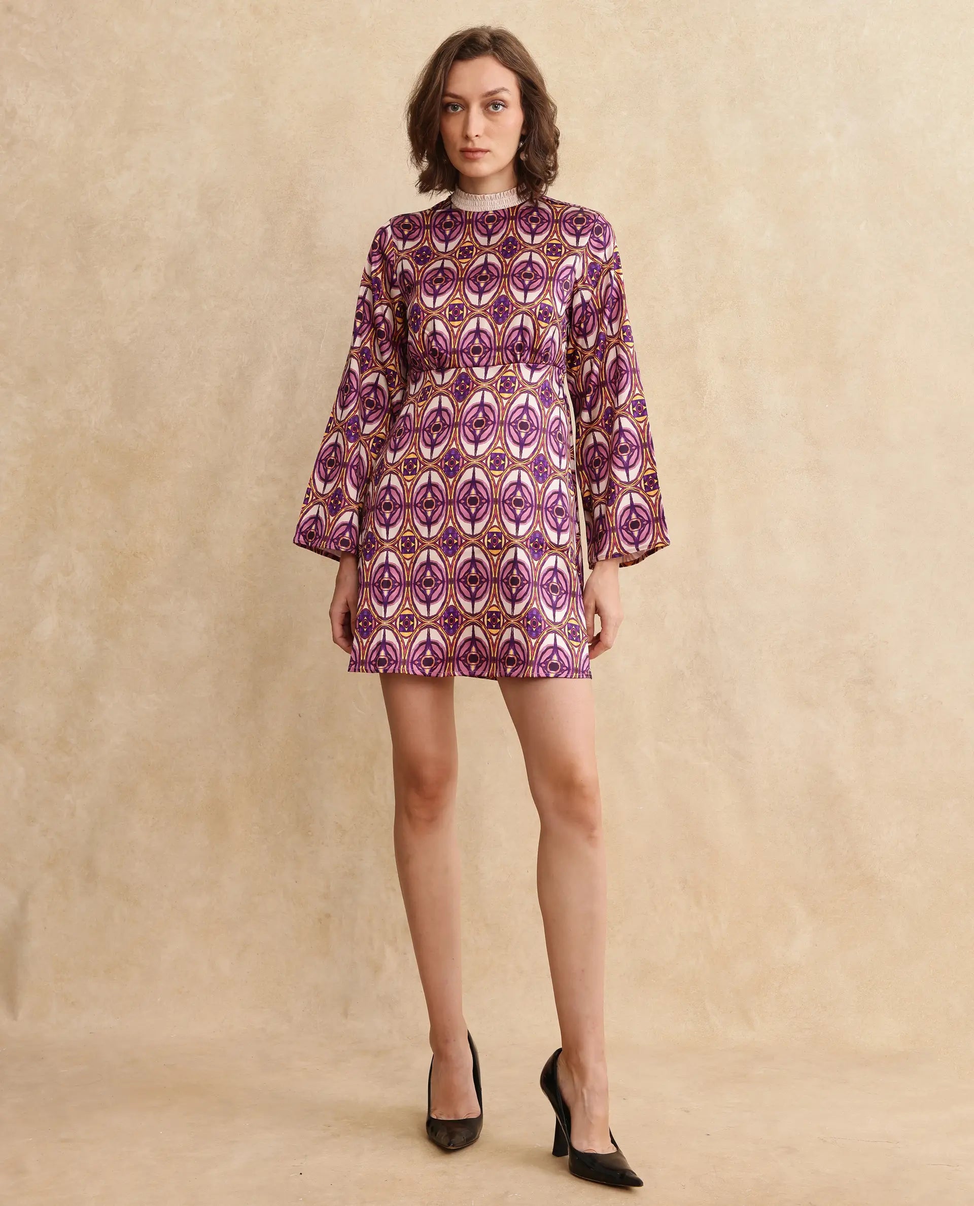 Rareism Women Erzurum Multi Satin Bell Sleeves Ruffled Neck Zip Closure Flared Knee Length Abstract Print Dress