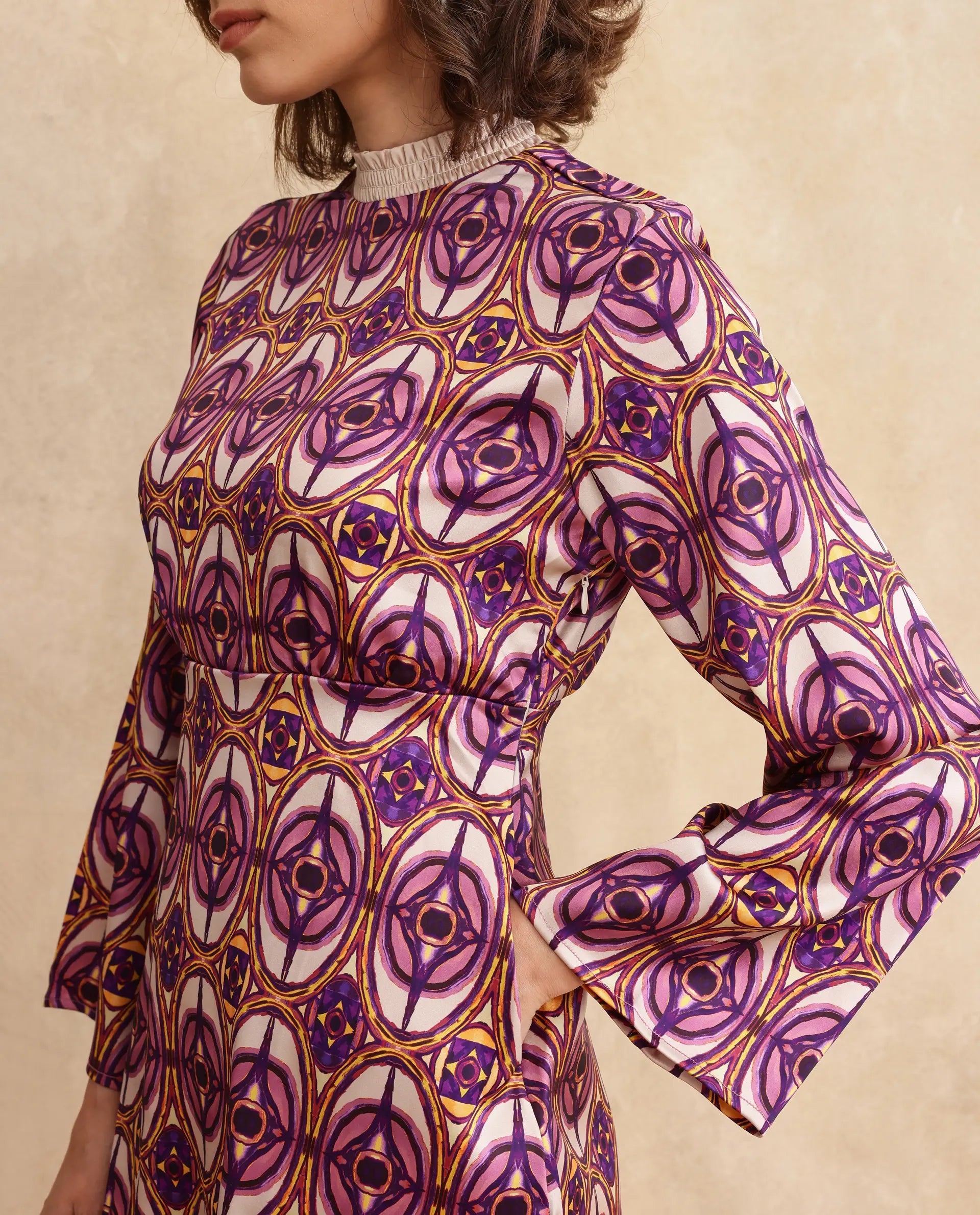 Rareism Women Erzurum Multi Satin Bell Sleeves Ruffled Neck Zip Closure Flared Knee Length Abstract Print Dress