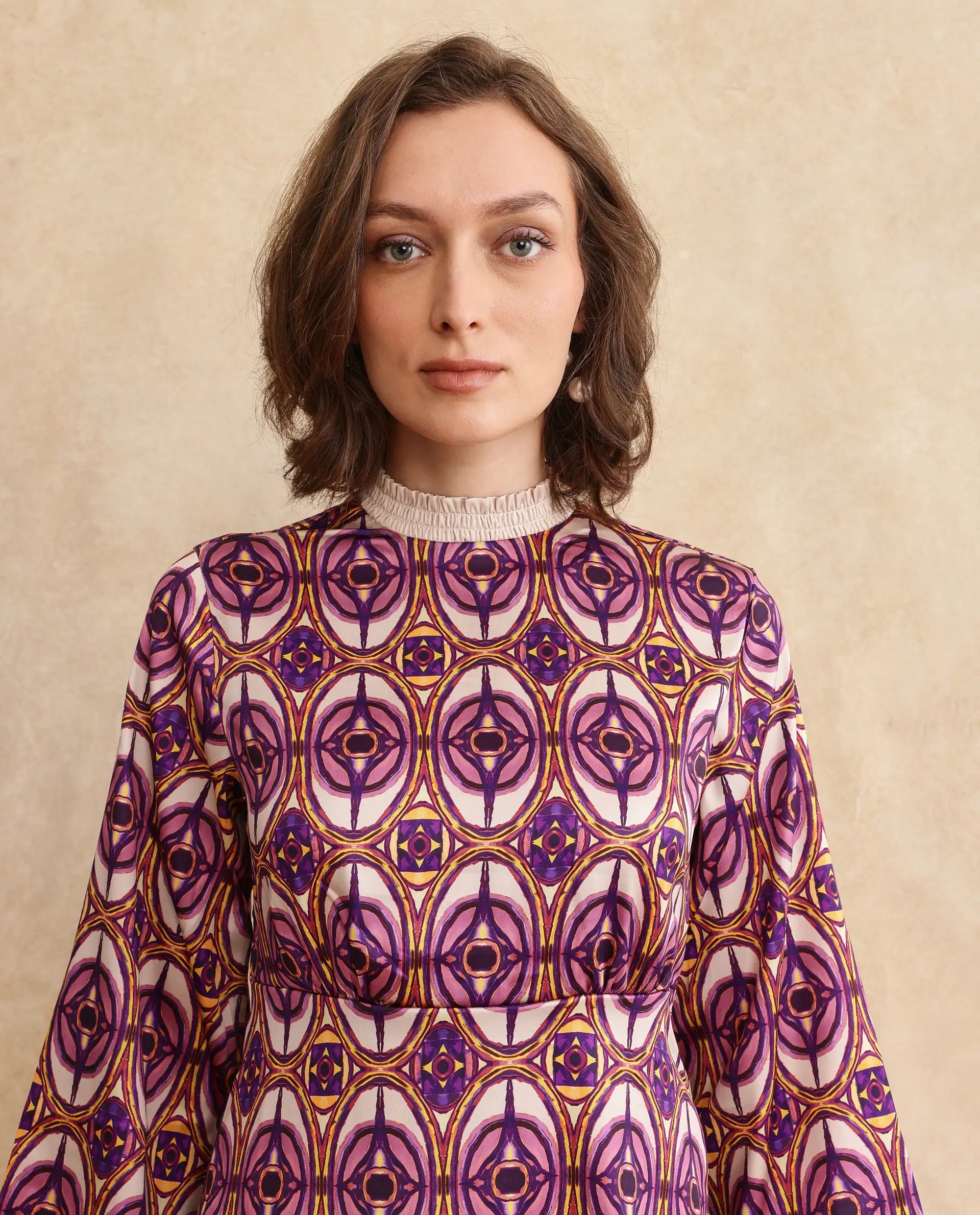 Rareism Women Erzurum Multi Satin Bell Sleeves Ruffled Neck Zip Closure Flared Knee Length Abstract Print Dress