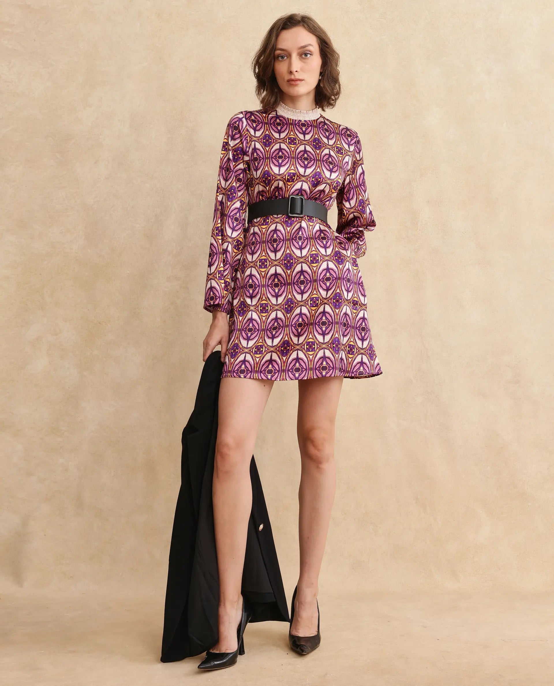 Rareism Women Erzurum Multi Satin Bell Sleeves Ruffled Neck Zip Closure Flared Knee Length Abstract Print Dress