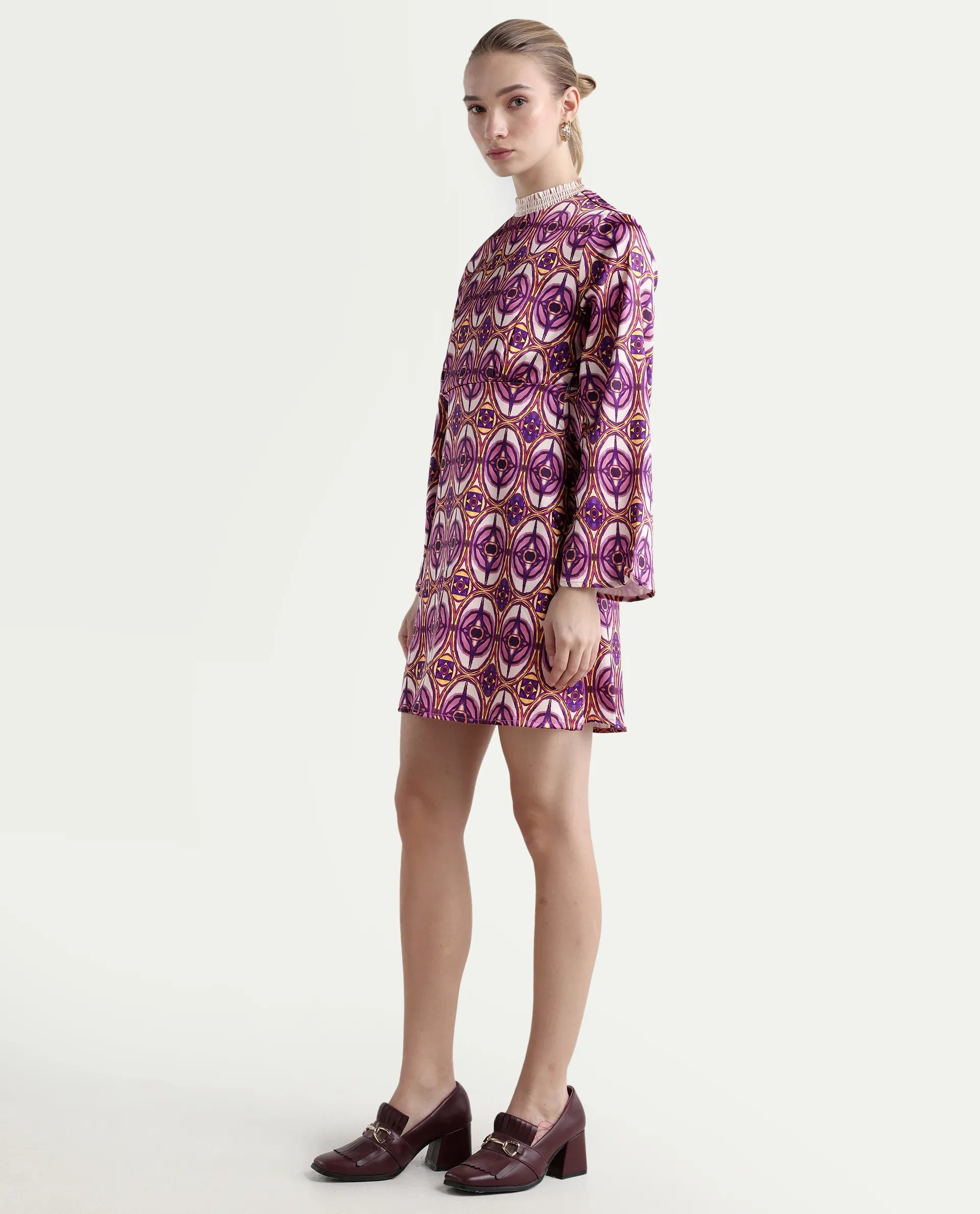 Rareism Women's Erzurum Multi Cotton Sweetheart Neck Abstract Print Bell Sleeve Knee Length Flared Dress
