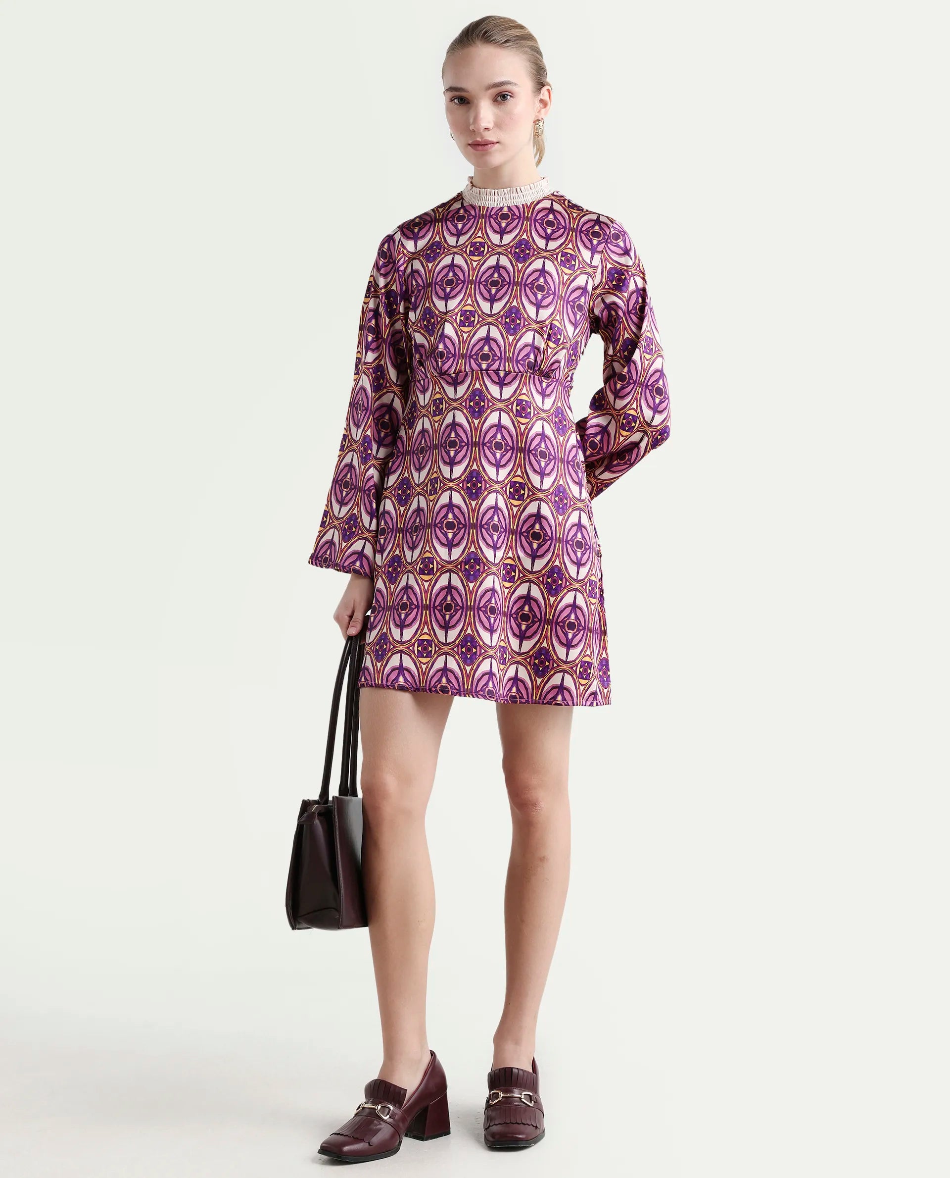 Rareism Women's Erzurum Multi Cotton Sweetheart Neck Abstract Print Bell Sleeve Knee Length Flared Dress