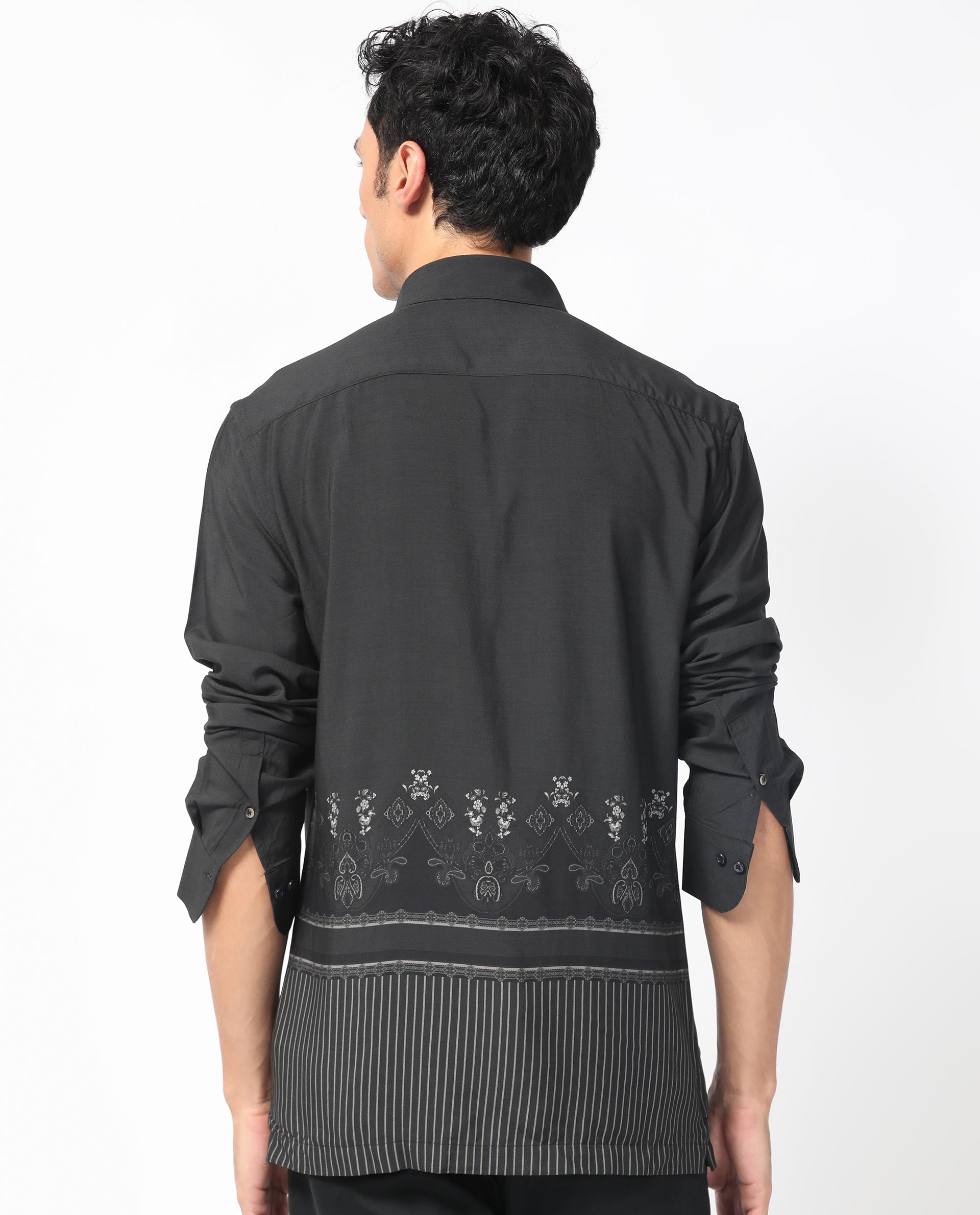 Rare Rabbit Men's Esco Black Viscose Fabric Full Sleeves Floral Print Shirt