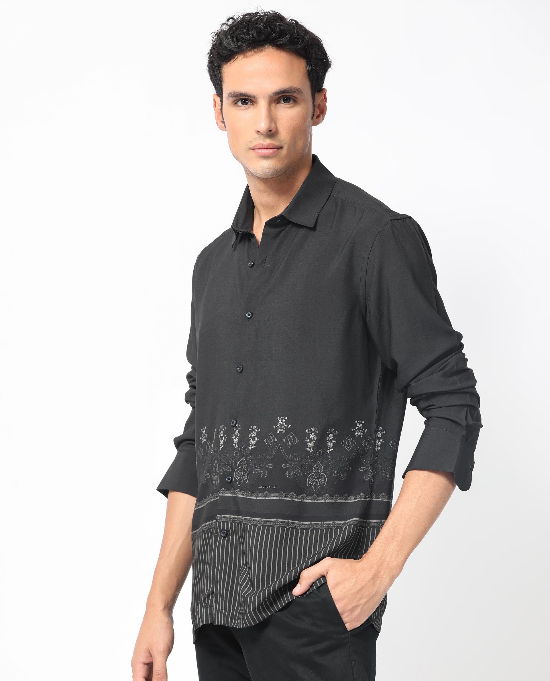 Rare Rabbit Men's Esco Black Viscose Fabric Full Sleeves Floral Print Shirt