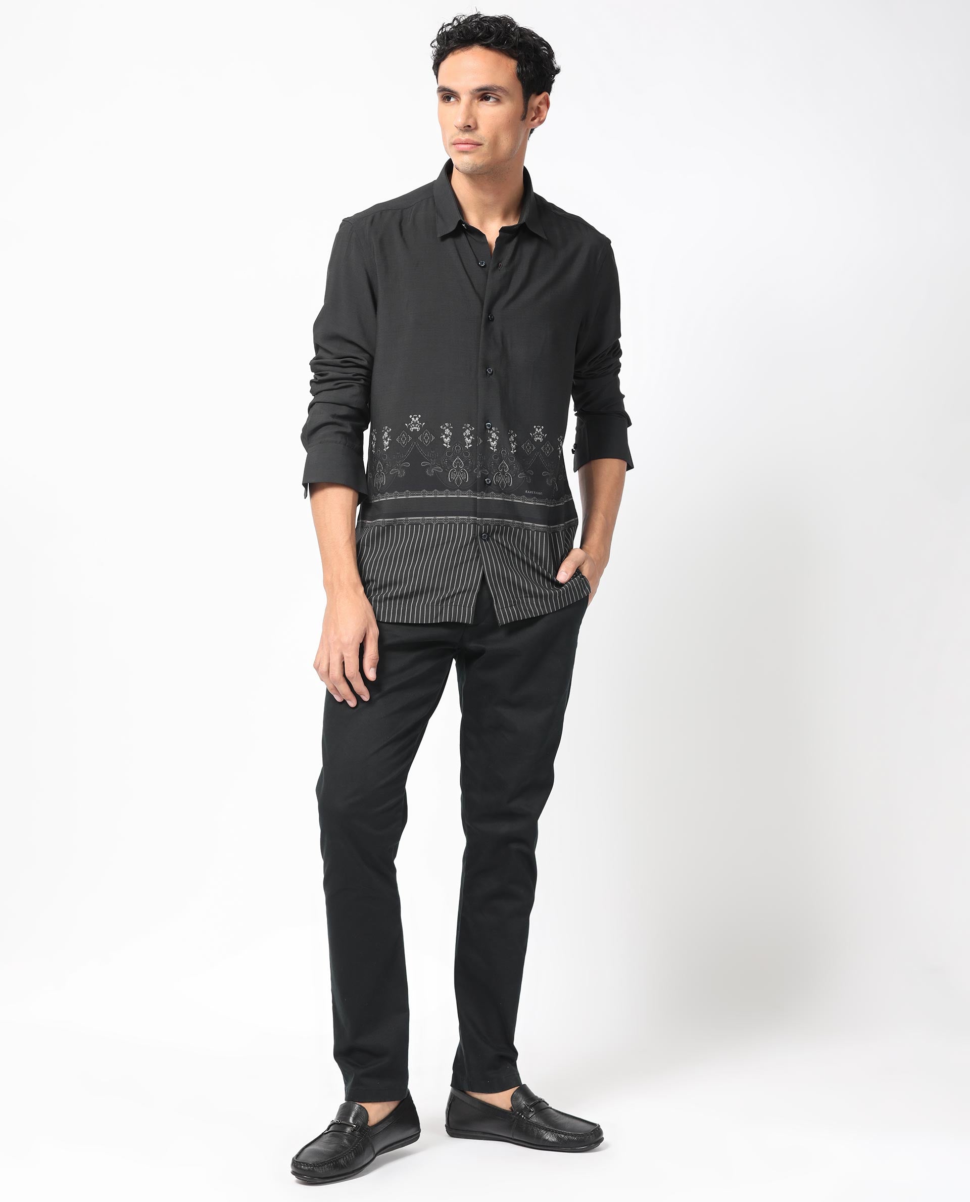 Rare Rabbit Men's Esco Black Viscose Fabric Full Sleeves Floral Print Shirt