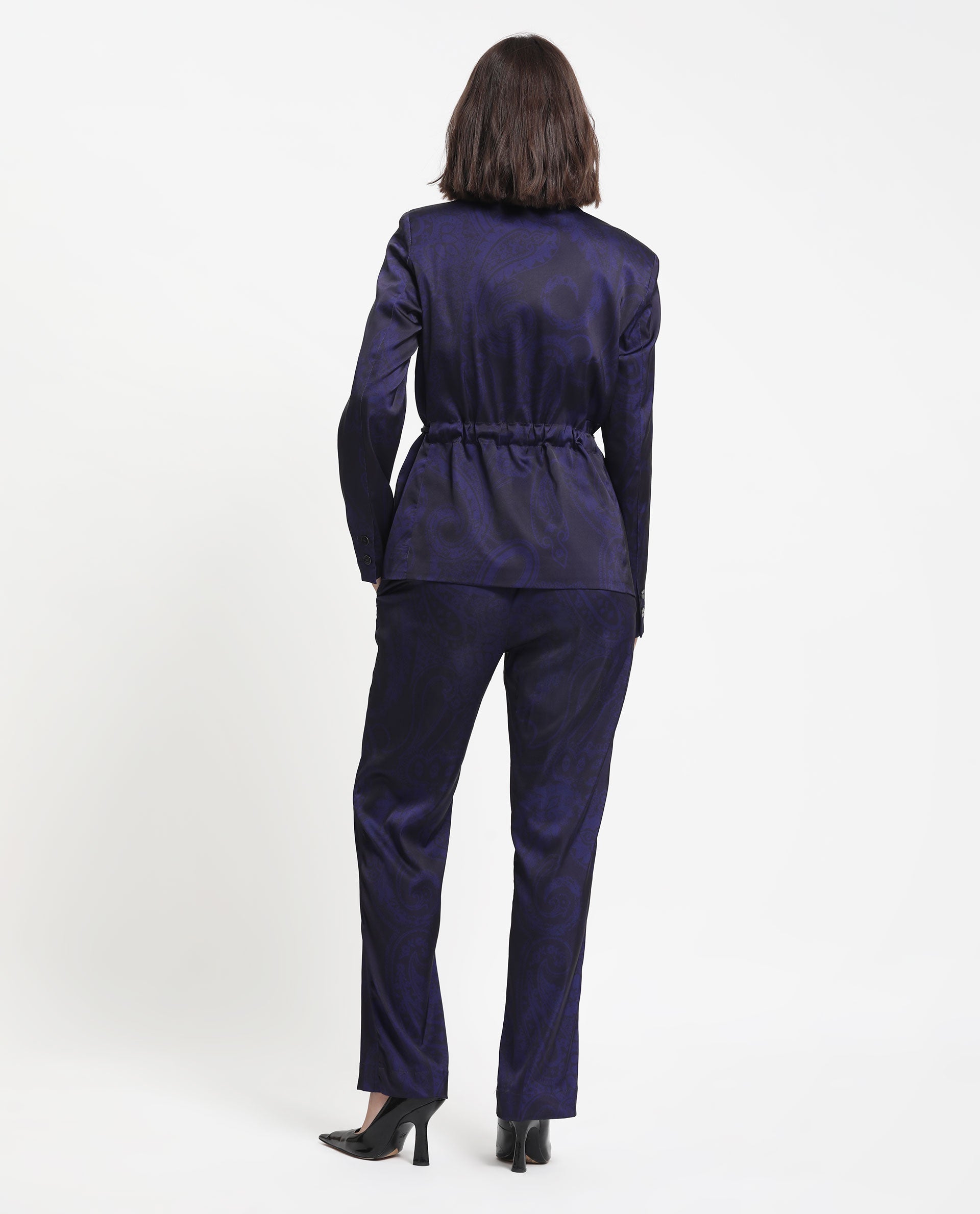 Rareism Women Esena Dark Navy Polyester Fabric Full Sleeves Button Closure Lapel Neck Tailored Fit Abstract Print Blazer