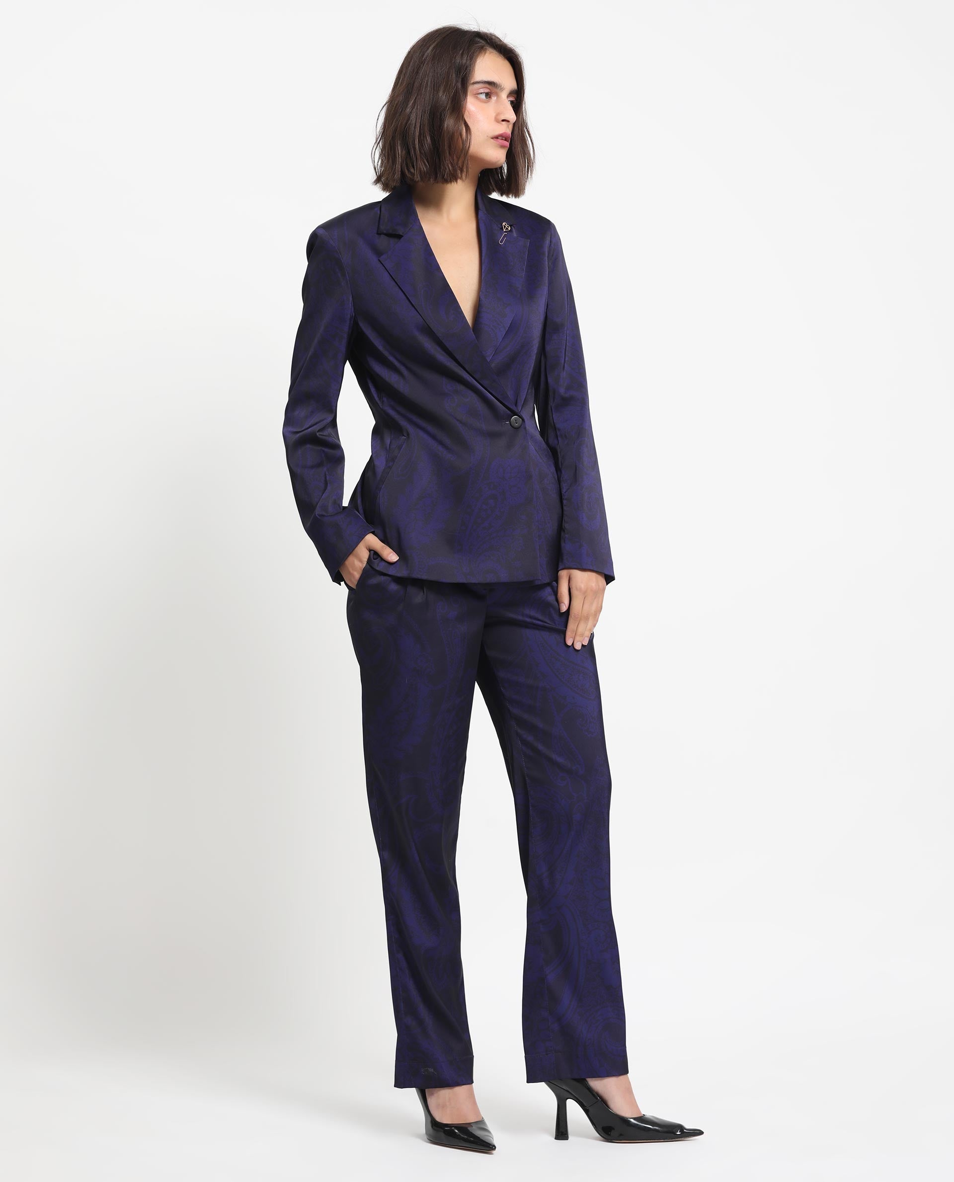 Rareism Women Esena Dark Navy Polyester Fabric Full Sleeves Button Closure Lapel Neck Tailored Fit Abstract Print Blazer