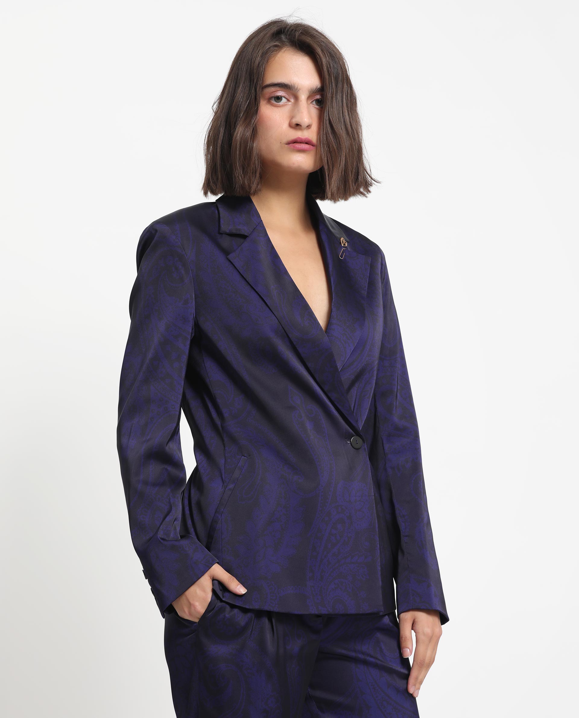 Rareism Women Esena Dark Navy Polyester Fabric Full Sleeves Button Closure Lapel Neck Tailored Fit Abstract Print Blazer