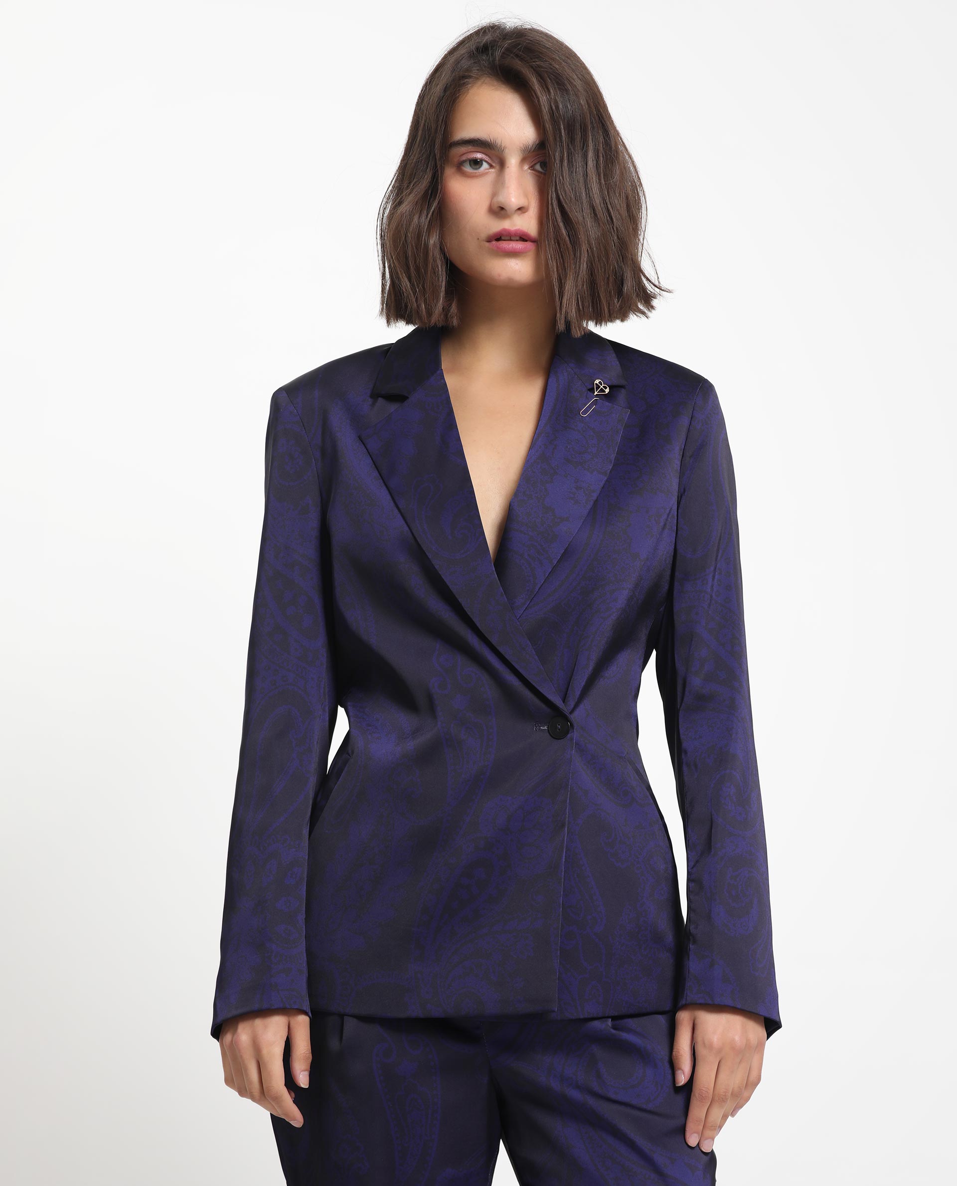 Rareism Women Esena Dark Navy Polyester Fabric Full Sleeves Button Closure Lapel Neck Tailored Fit Abstract Print Blazer