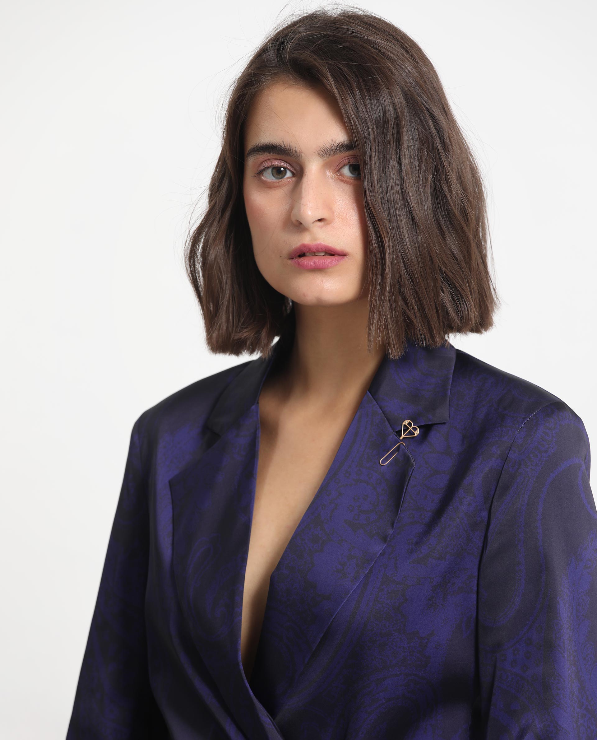 Rareism Women Esena Dark Navy Polyester Fabric Full Sleeves Button Closure Lapel Neck Tailored Fit Abstract Print Blazer