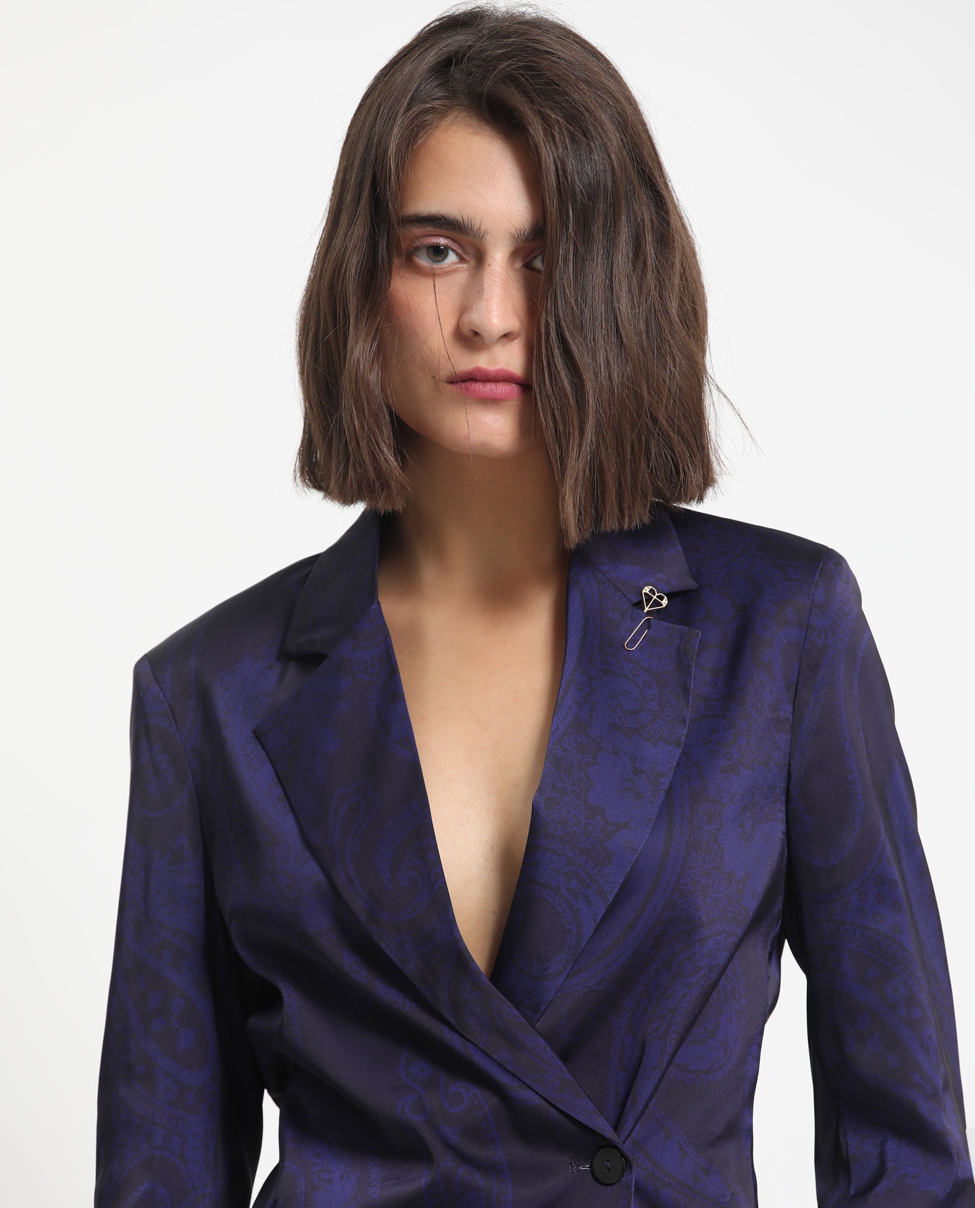 Rareism Women Esena Dark Navy Polyester Fabric Full Sleeves Button Closure Lapel Neck Tailored Fit Abstract Print Blazer