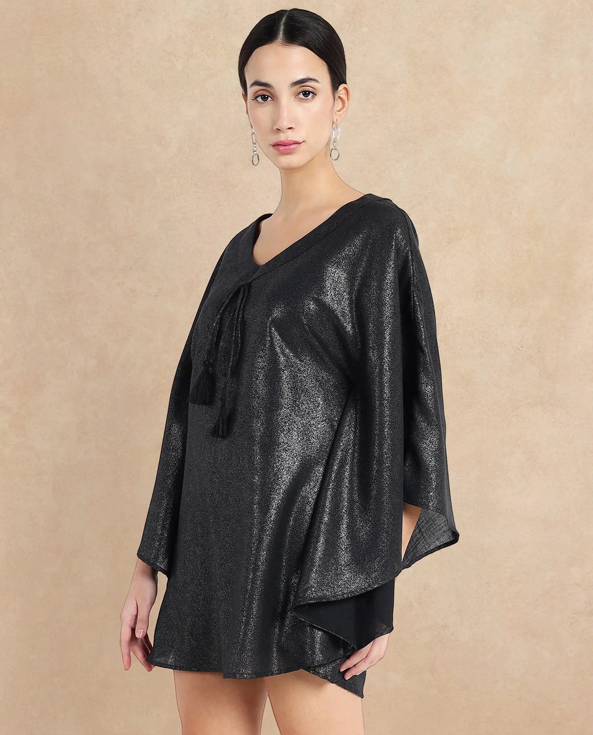 Rareism Women's Esmese Black Polyester V-Neck Plain Extended Sleeves Mini Relaxed Fit Dress