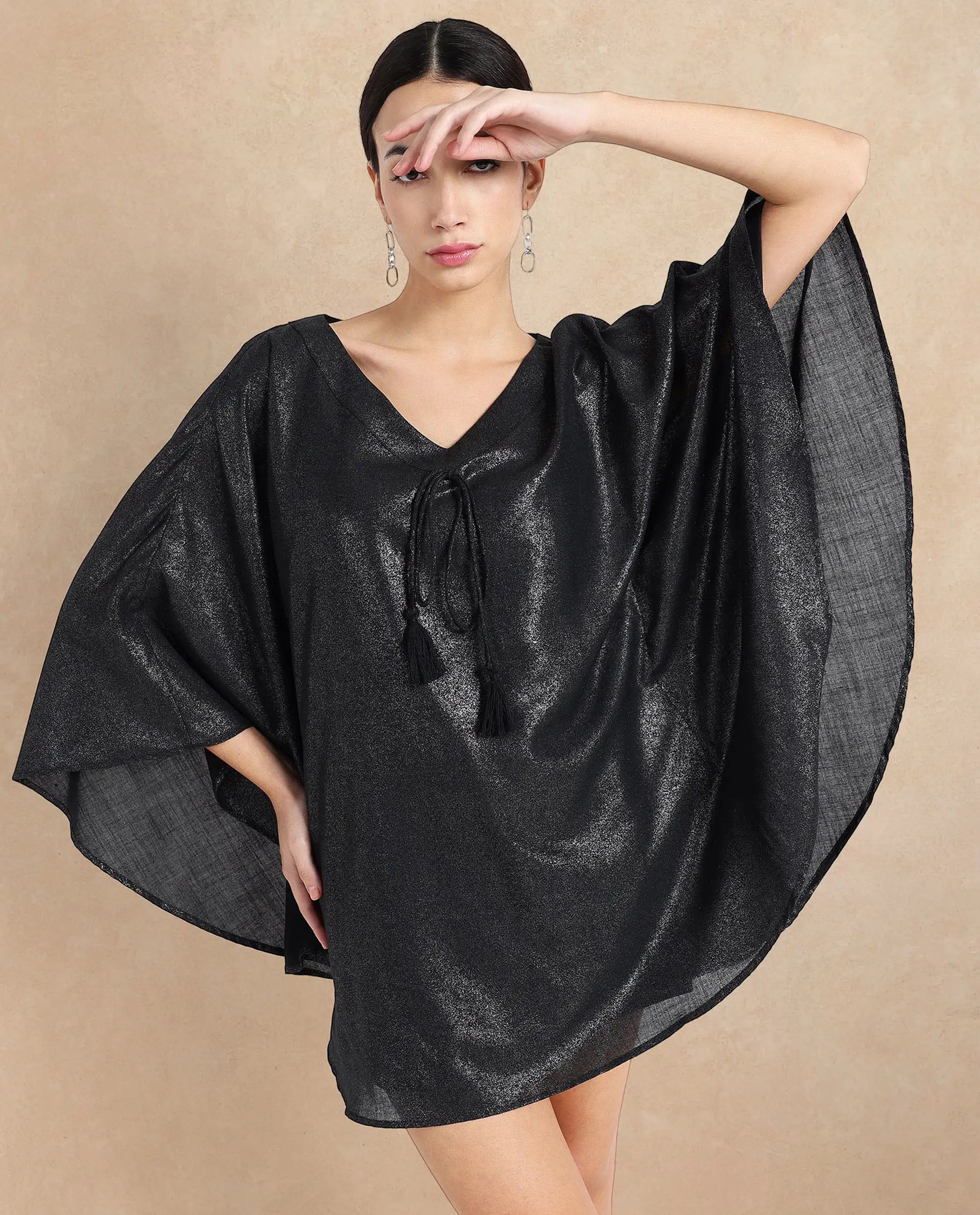 Rareism Women's Esmese Black Polyester V-Neck Plain Extended Sleeves Mini Relaxed Fit Dress